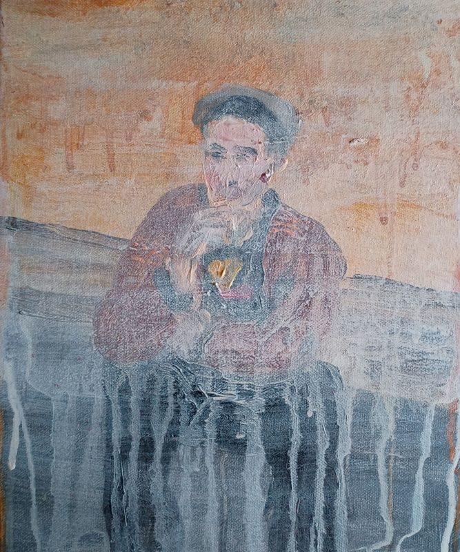 Portrait of a young man, seated and smoking, loosely  painted over in a form of whitewash