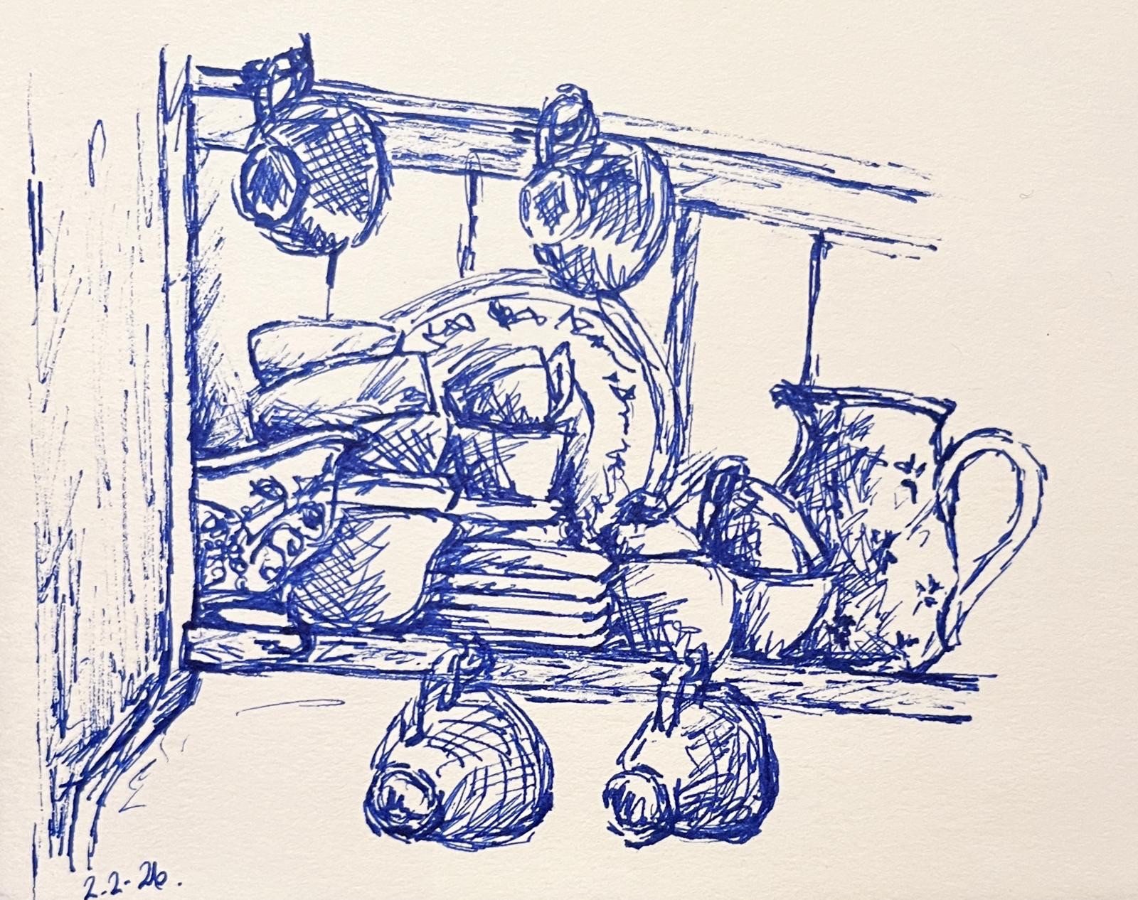 Pen Drawing on paper of shelf with crockery