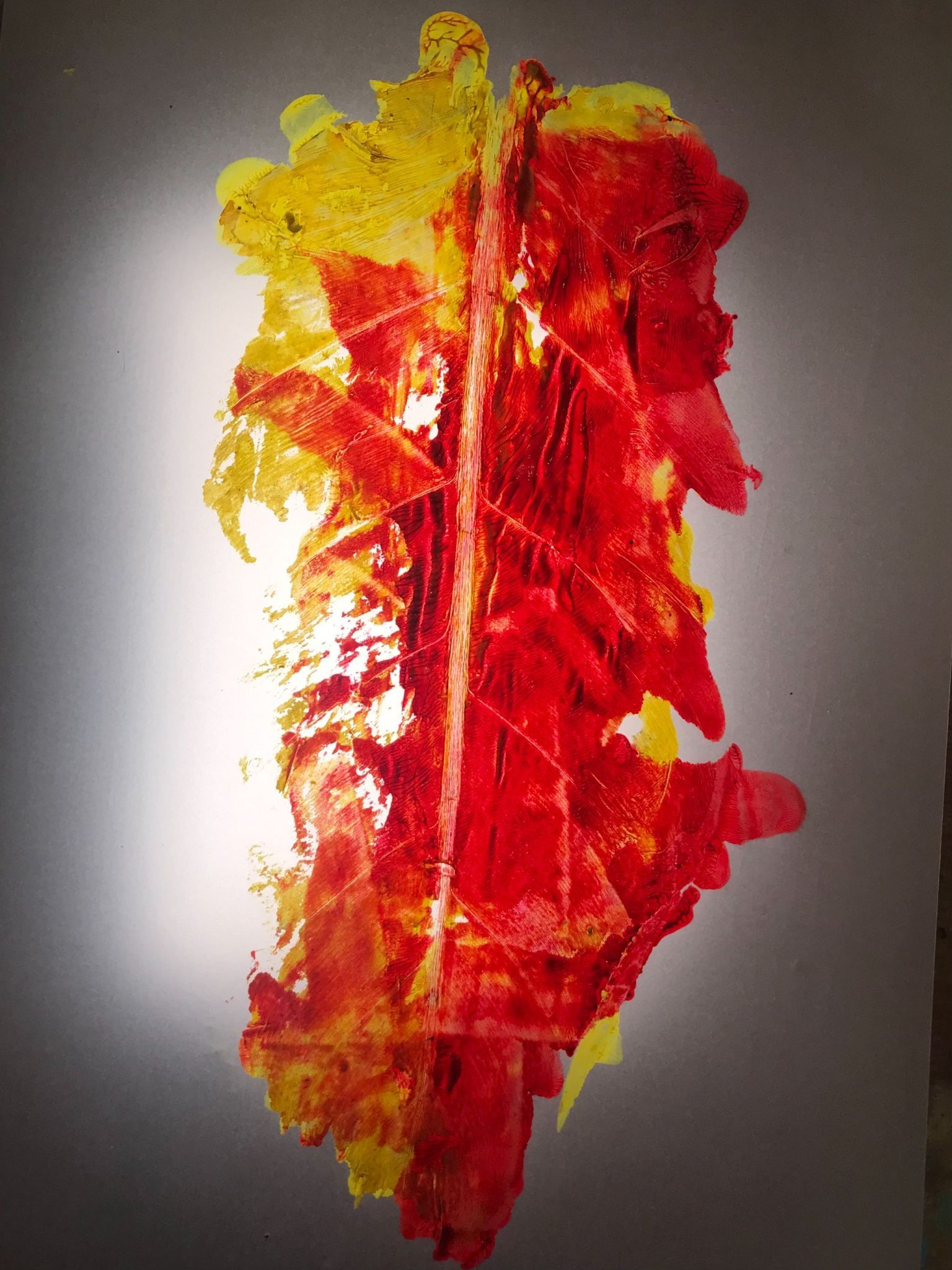 Stamped leaf with acrylic paint on translucent paper, photographed with backlight