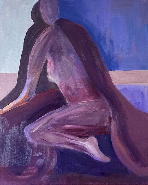 A painting of figure in blue violet and light colors