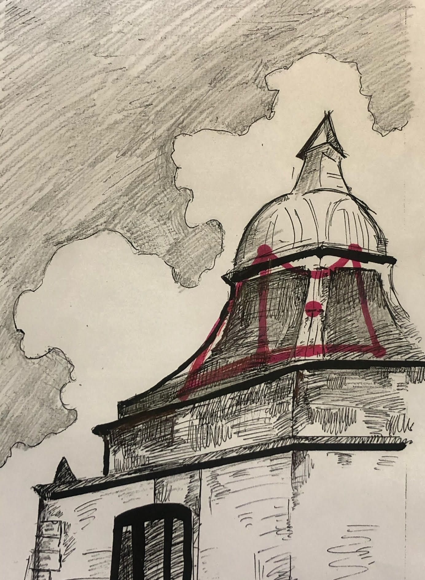 An old school building with a sign in red