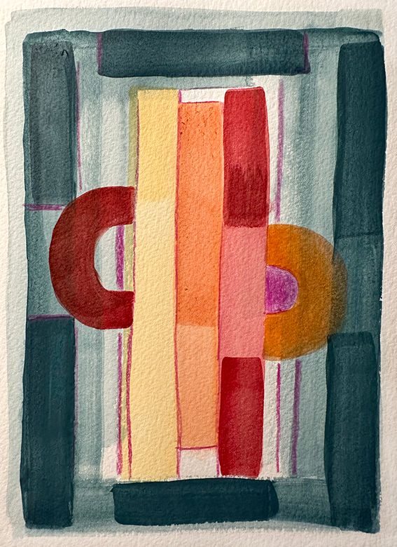 Rectangulars and semi cercles in grayish blue and orange red watercolor