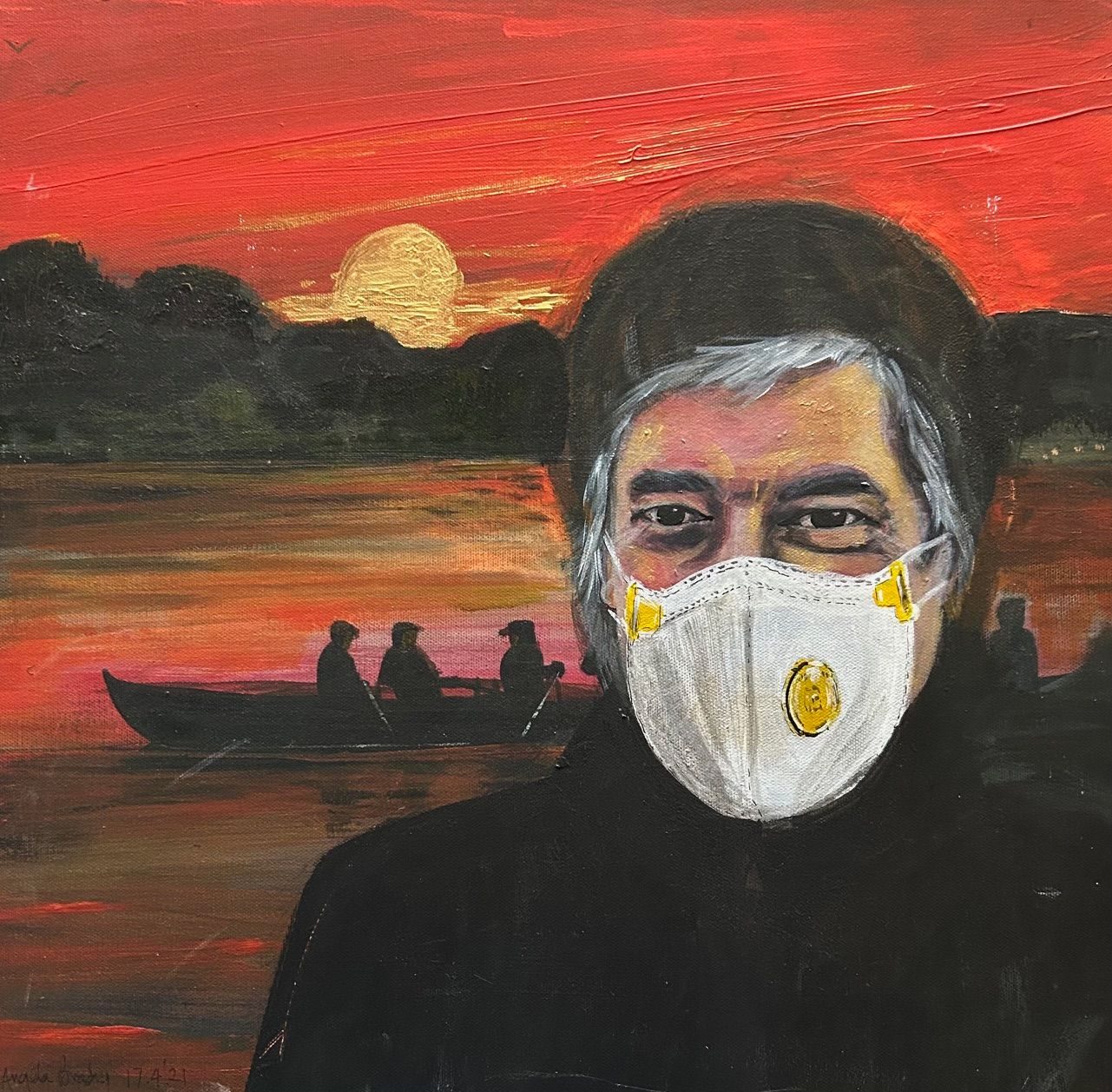 A man with a covid mask on and now there is a golden sunrise and a brighter face