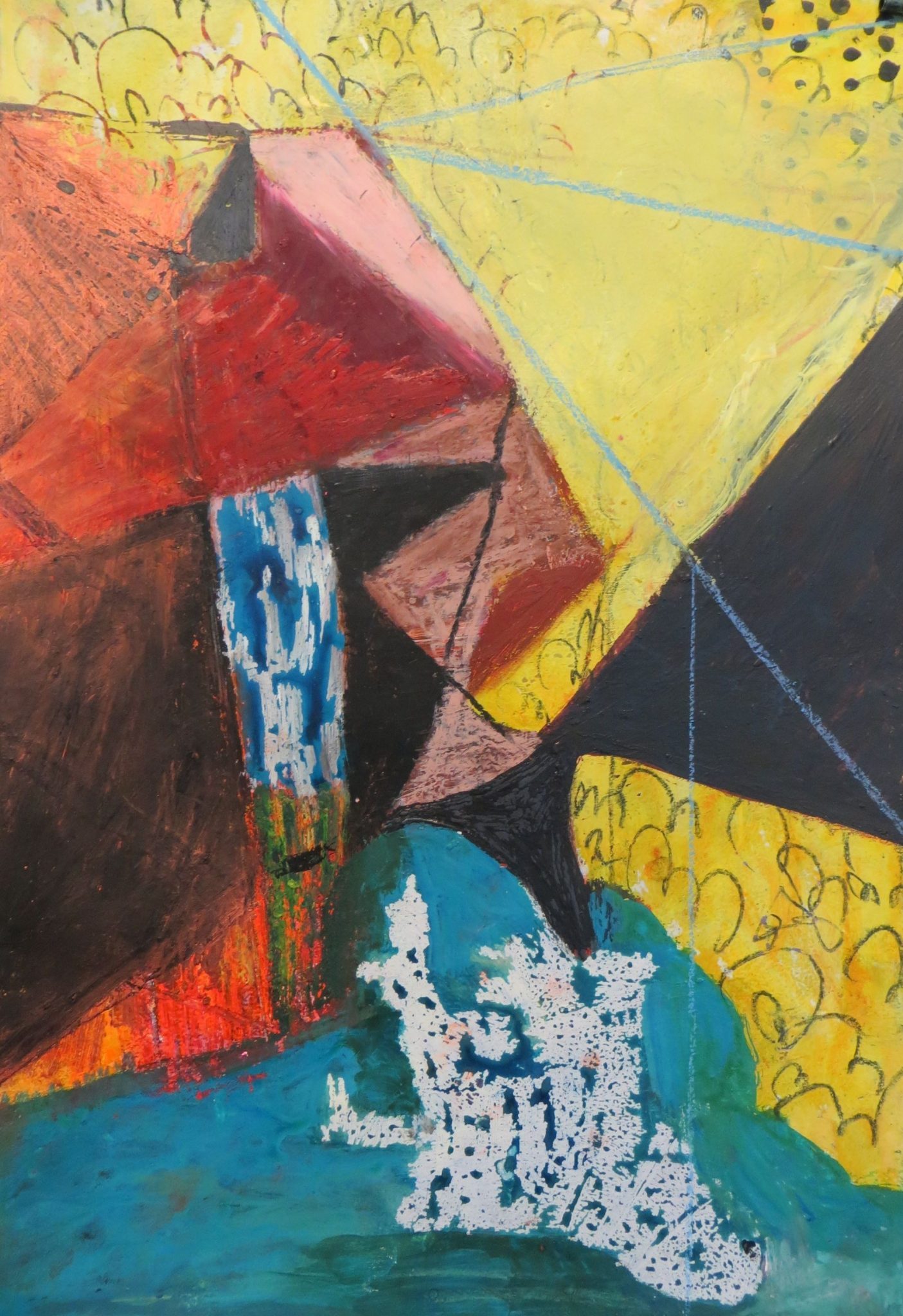 Acrylic, oil crayon wax resist on paper