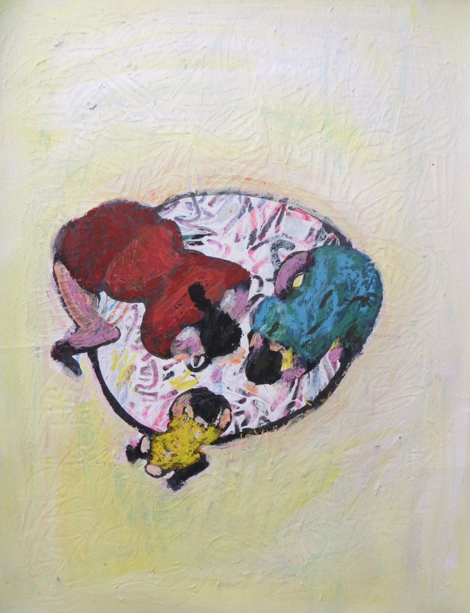 Acrylic, crayon drawing on paper