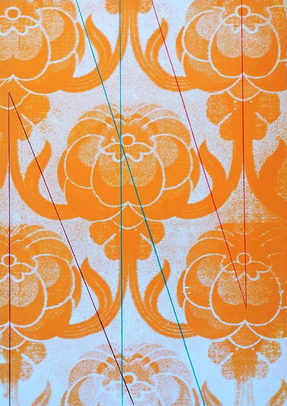 Colour pencil on acrylic screen print on paper