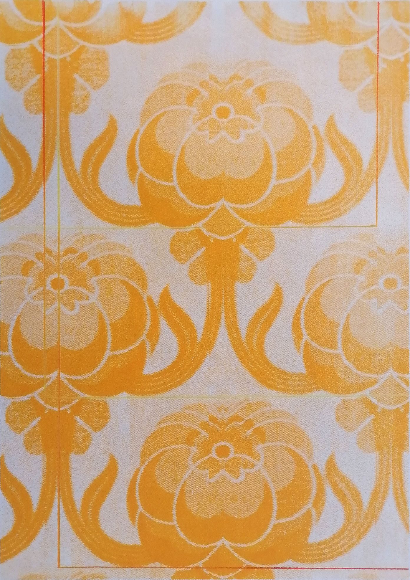 Colour pencil drawing on screenprint on paper