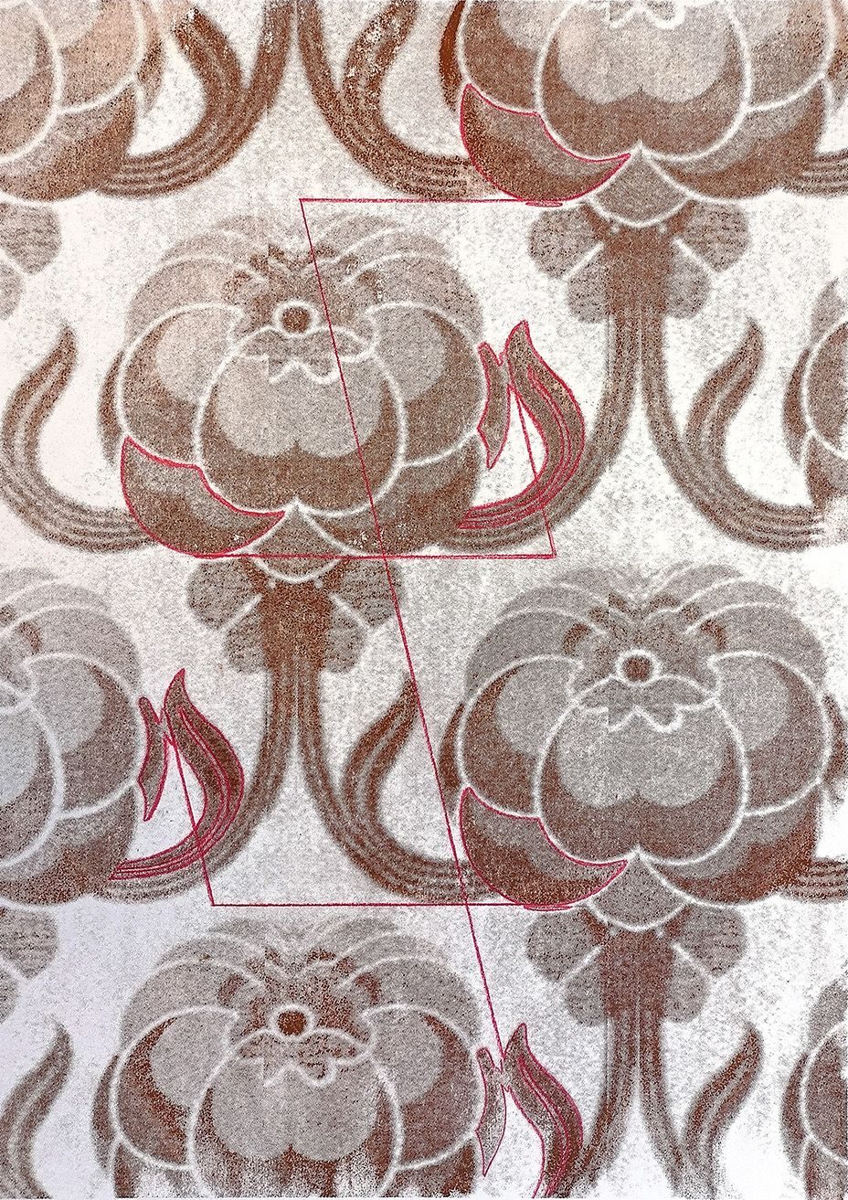 Colour pencil on acrylic screen print on paper