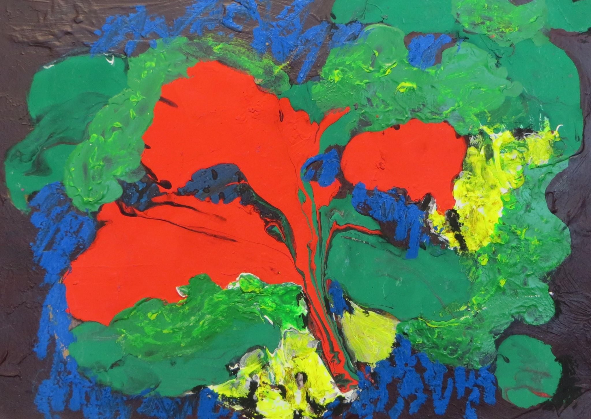 Acrylic, oil stick - paint poured on, colour study