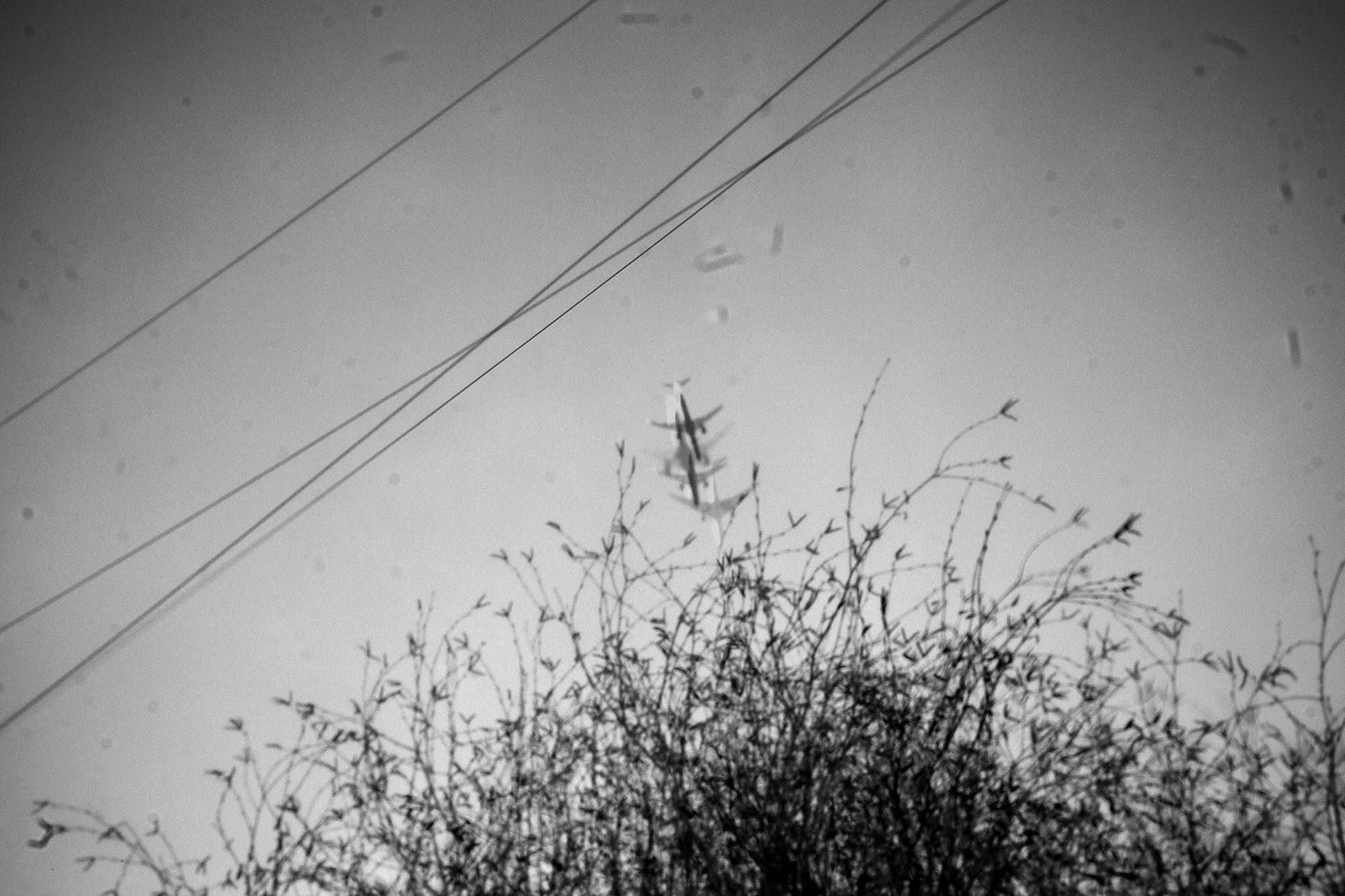 multiple exposure image of flying paths to Heathrow airport