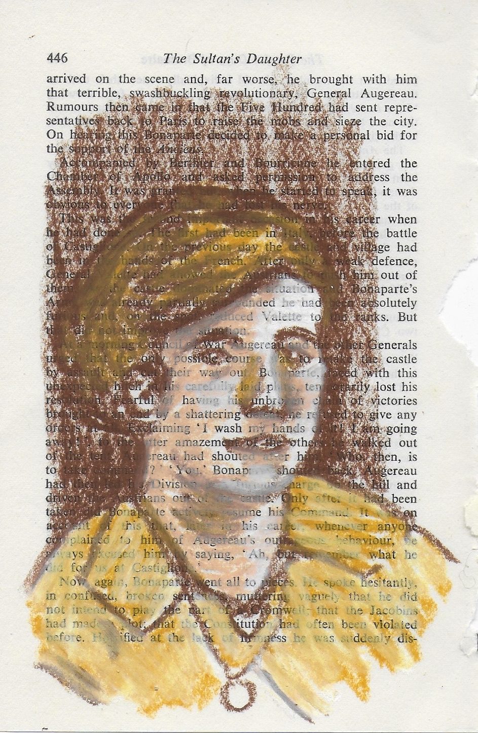 Oil pastel drawing in shades of brown of my great aunt on vintage book page