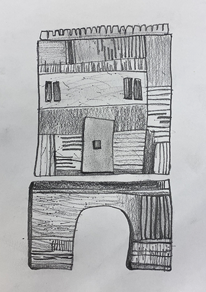 Pencil drawing of a stylised dwelling place on short stilts placed centrally on an A5 piece of cartridge paper