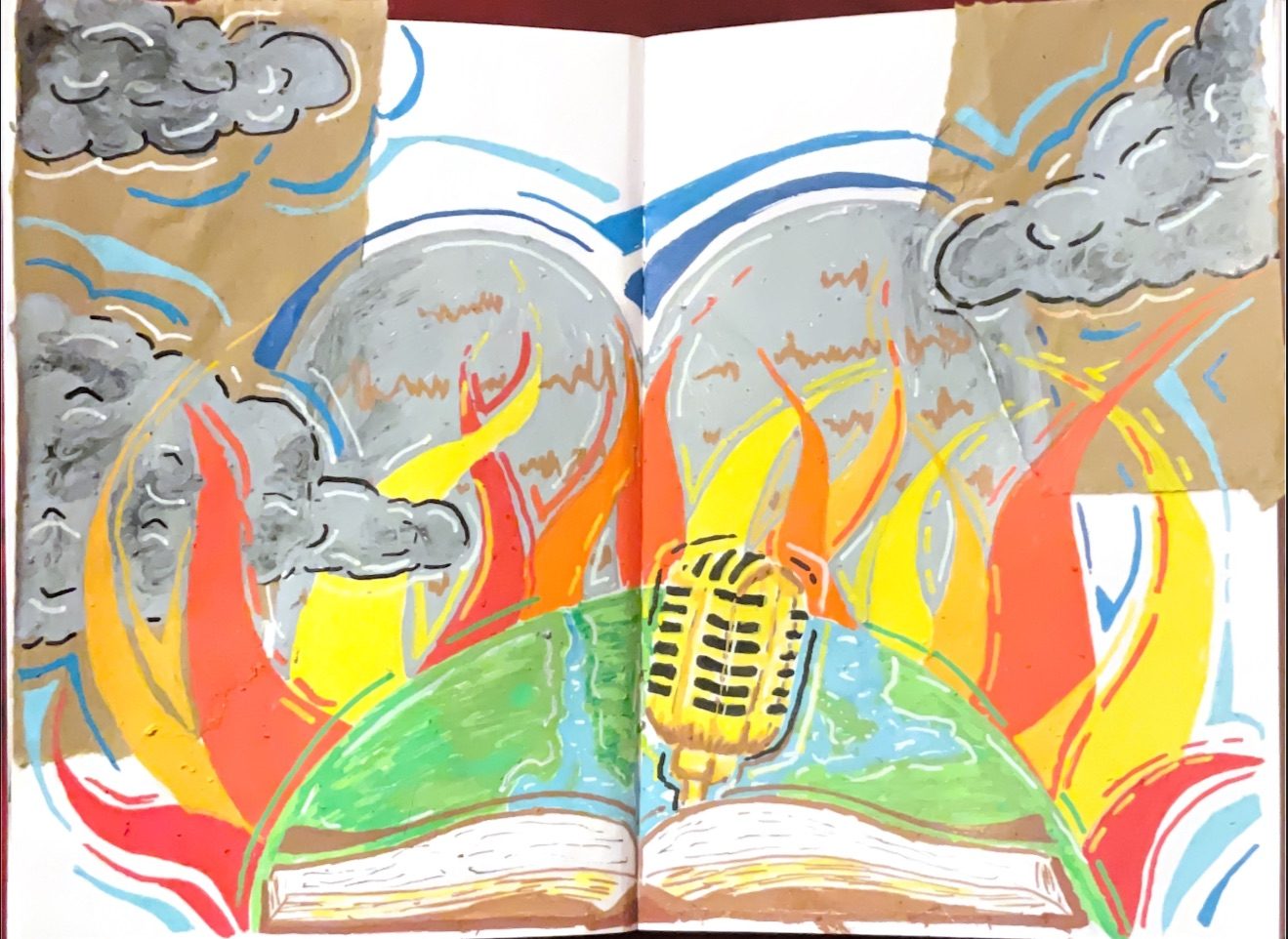 Acrylic pen - earth - open book. Fire. Stone tablets. Clouds