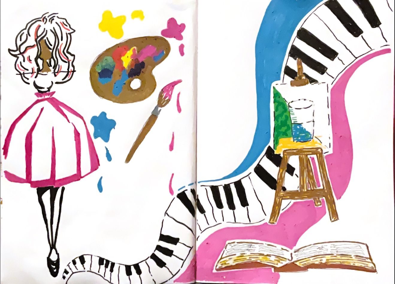 Acrylic Pens - woman in pink skirt. paint palette with splashes of blue, pink and yellow. piano keys. and easel and an open bible