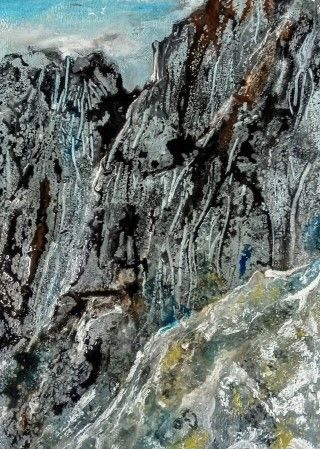 a mono-print, blues, mostly drak grey, browns and whites, a mountain close-up, with no snow.