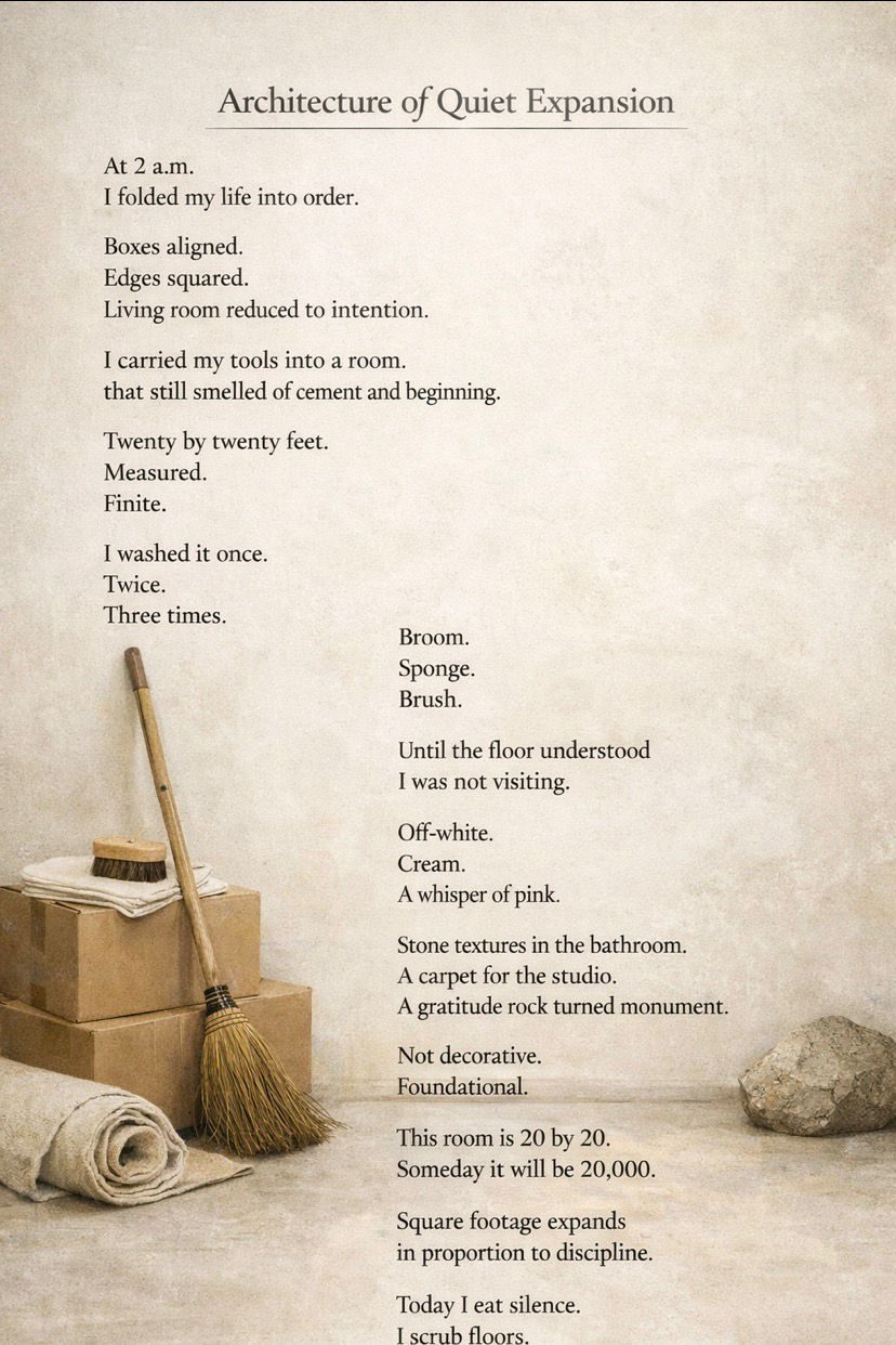 2 a.m. I scrubbed the floor until it understood I was staying.  20 by 20 feet. Built with discipline.  Someday, 20,000.