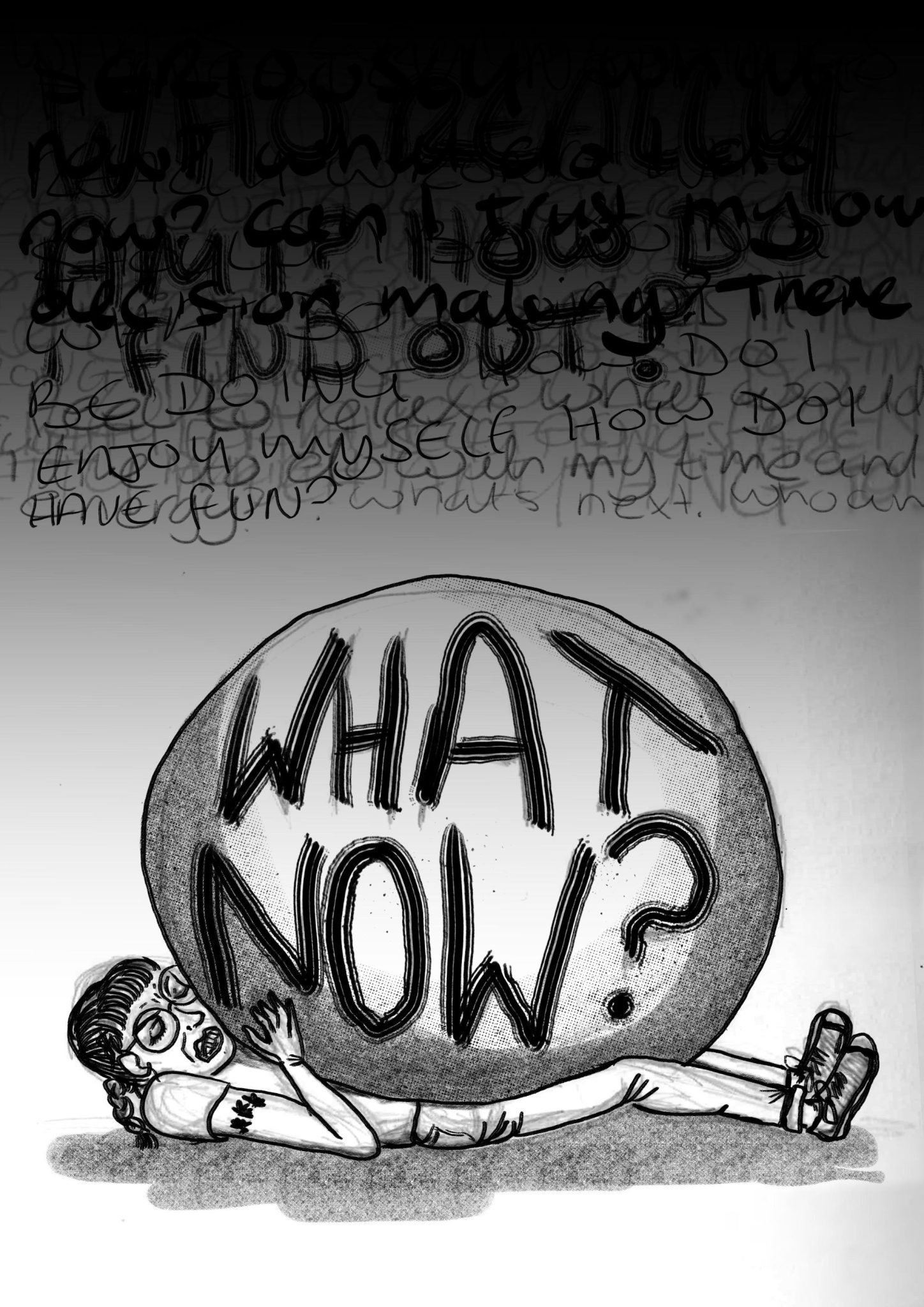 A black and white drawing of a girl laying down stuck under a rock that has the words 