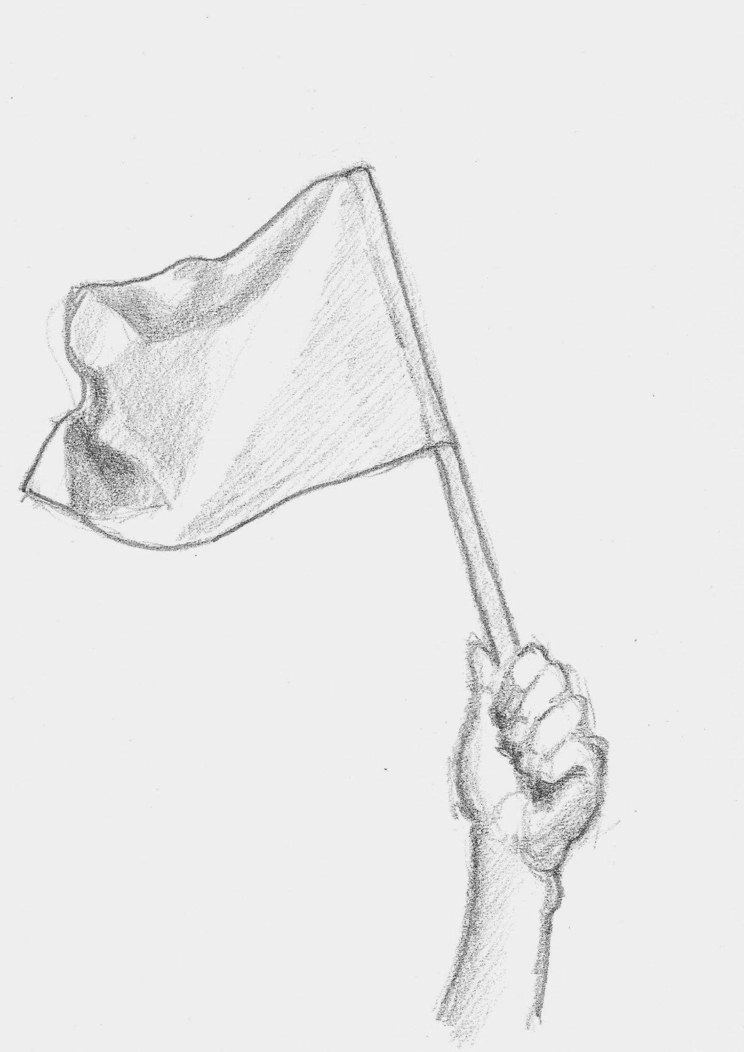 A hand holding a white flag, drawn with 6B graphite pencil