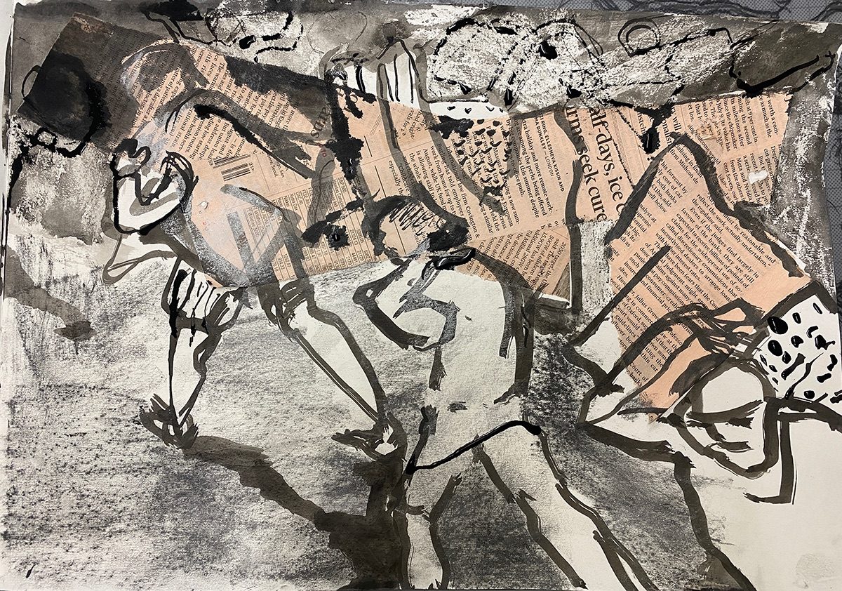 Black ink drawing, frottage and wax resist on pinkish newspaper collage, suggestion of three figures carrying loads