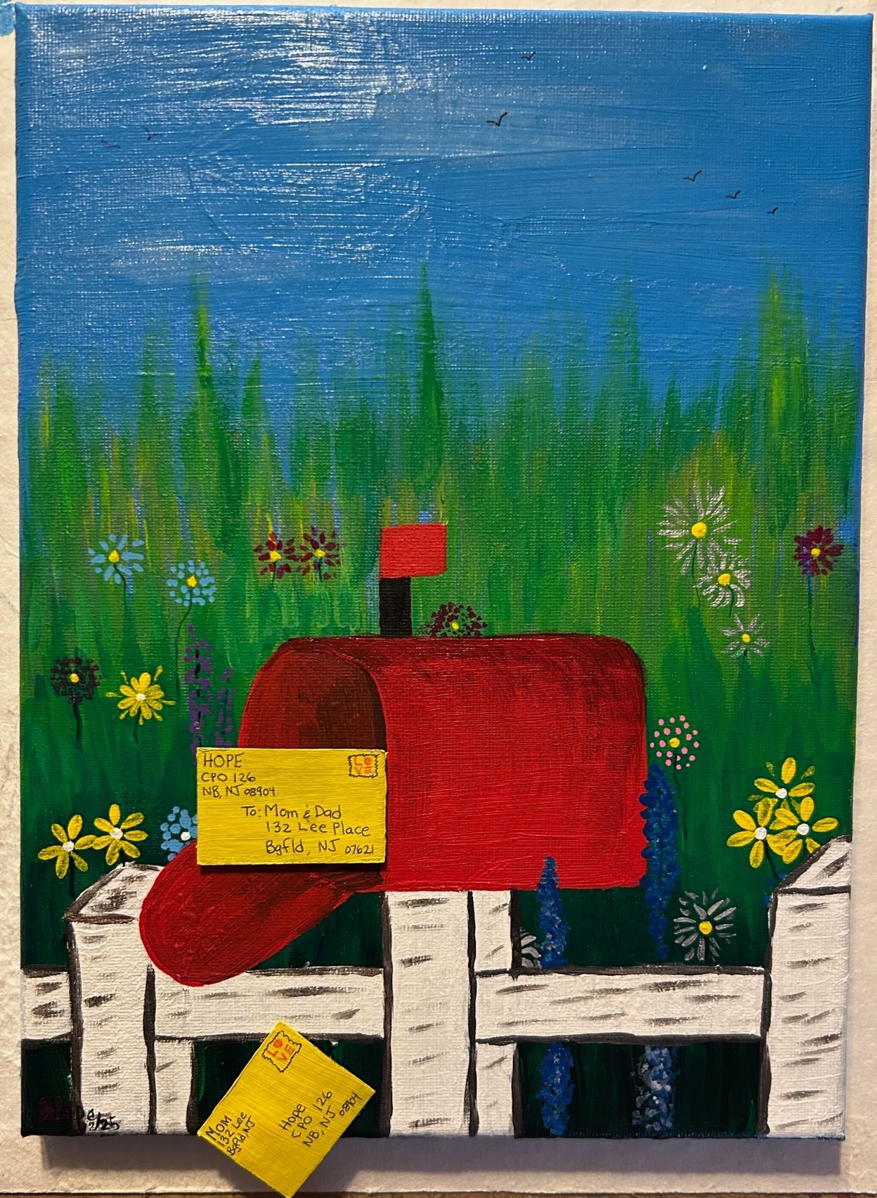 painting of an open red mailbox with letters falling out and birds flying in the blue sky