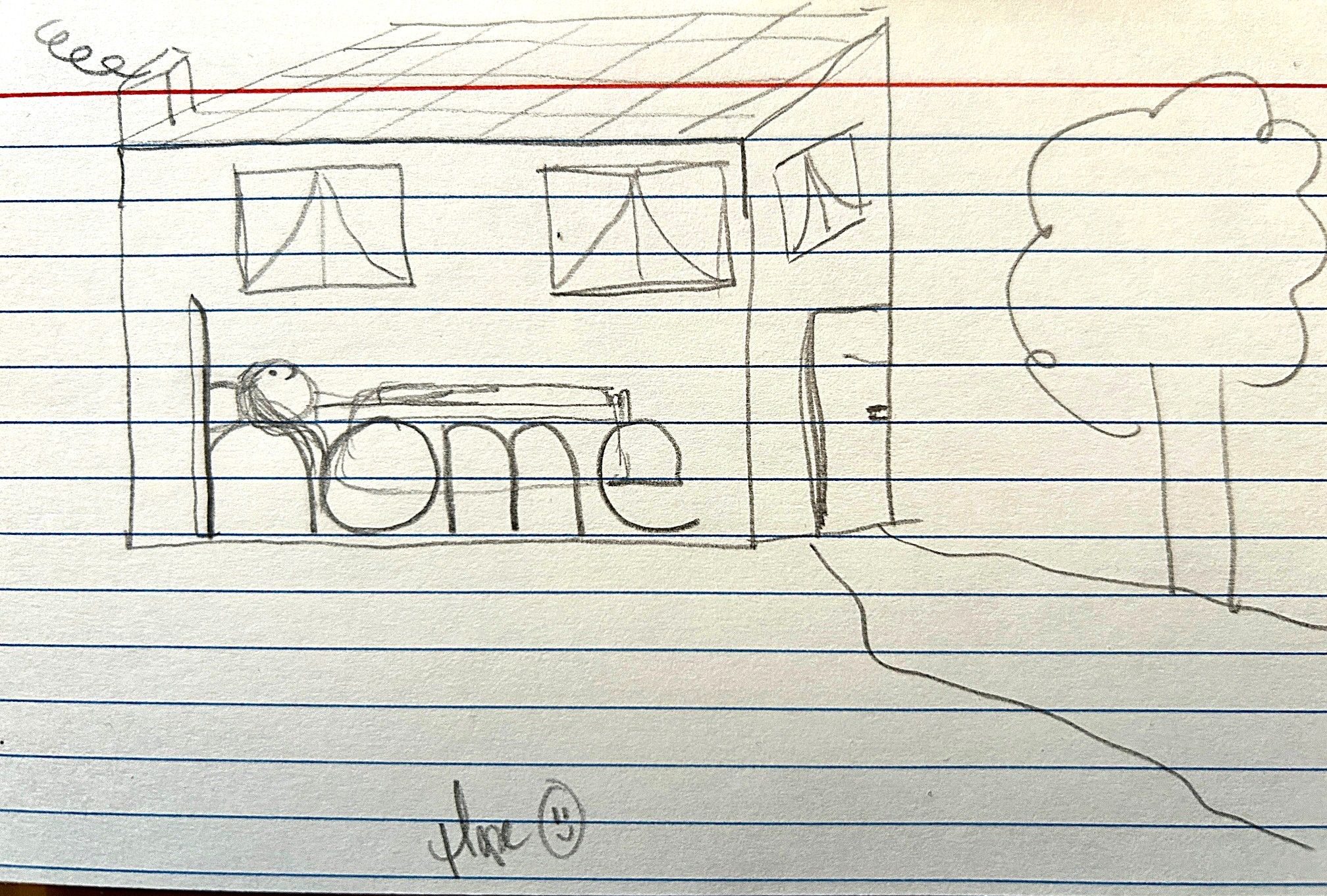 pencil drawing of stick person lying on the word home