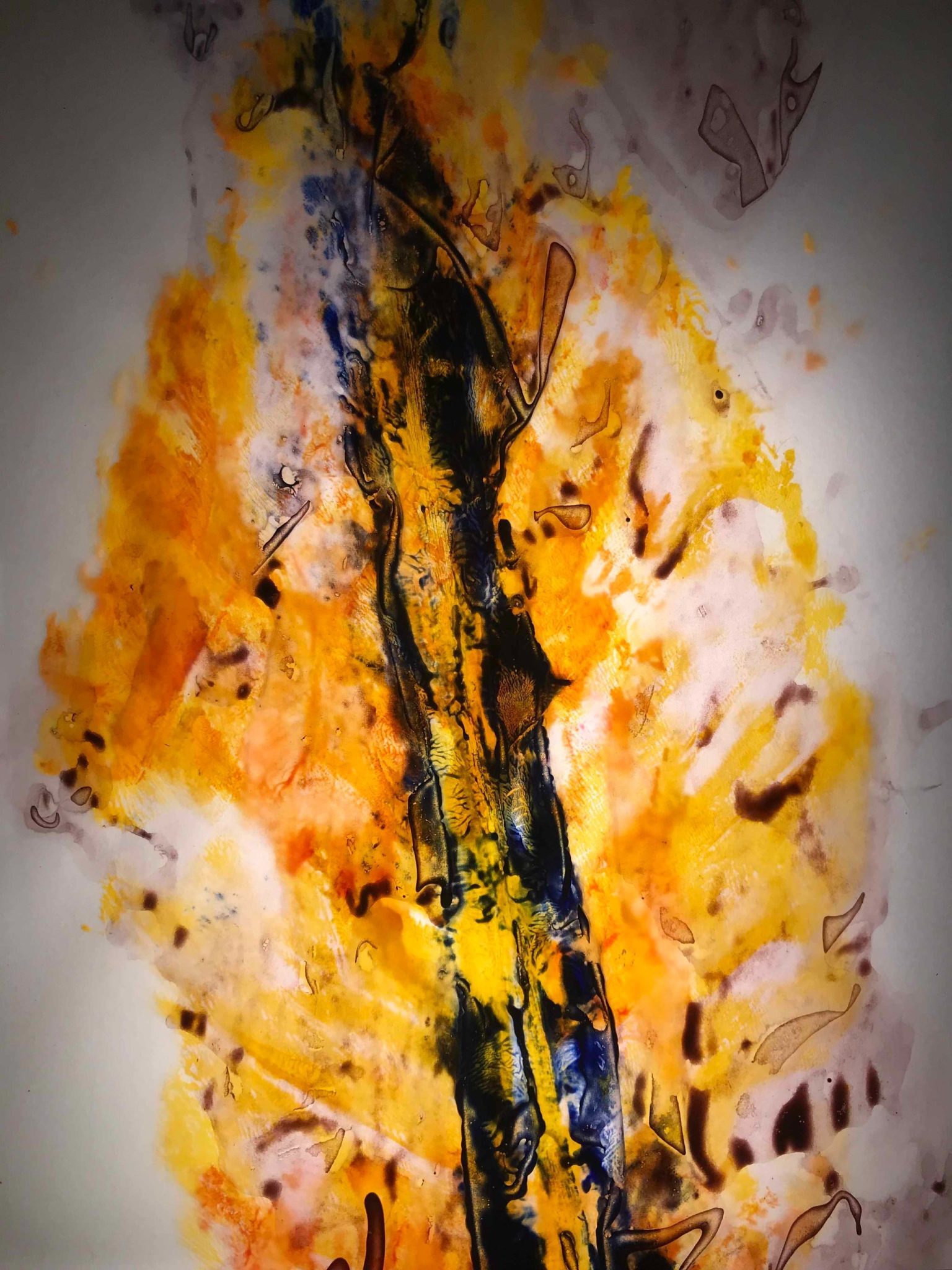 Stamped leaf with acrylic on translucent paper with backlighting