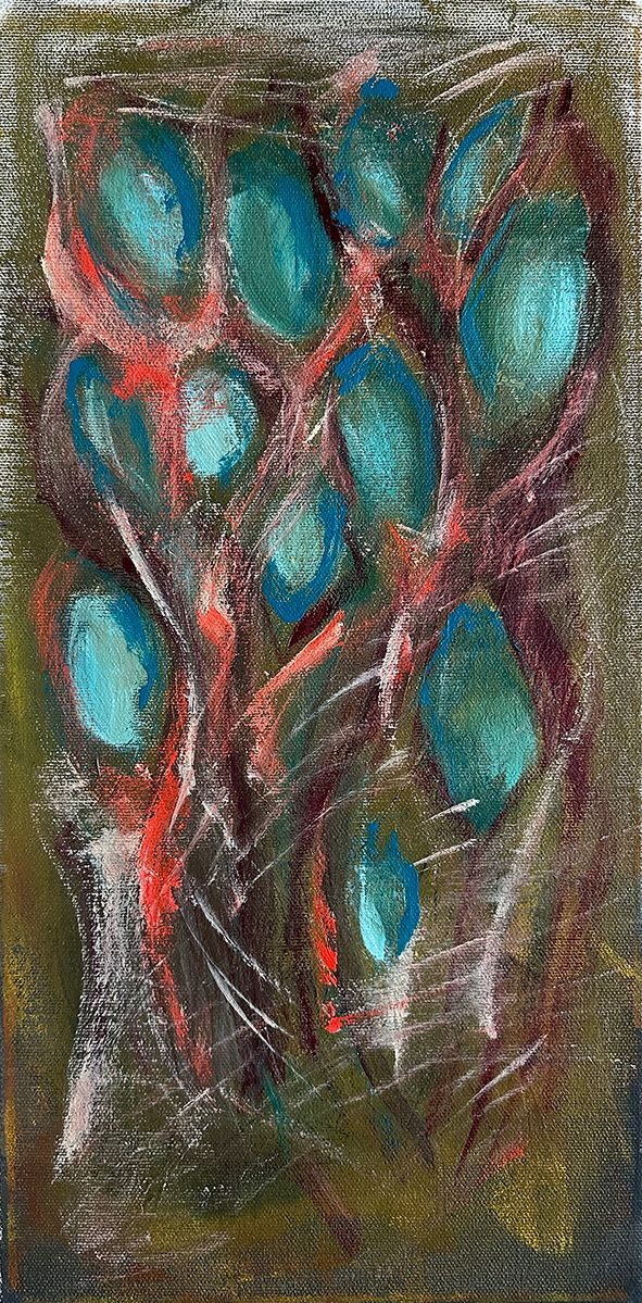 Blue flower buds on mossy green background and red branches