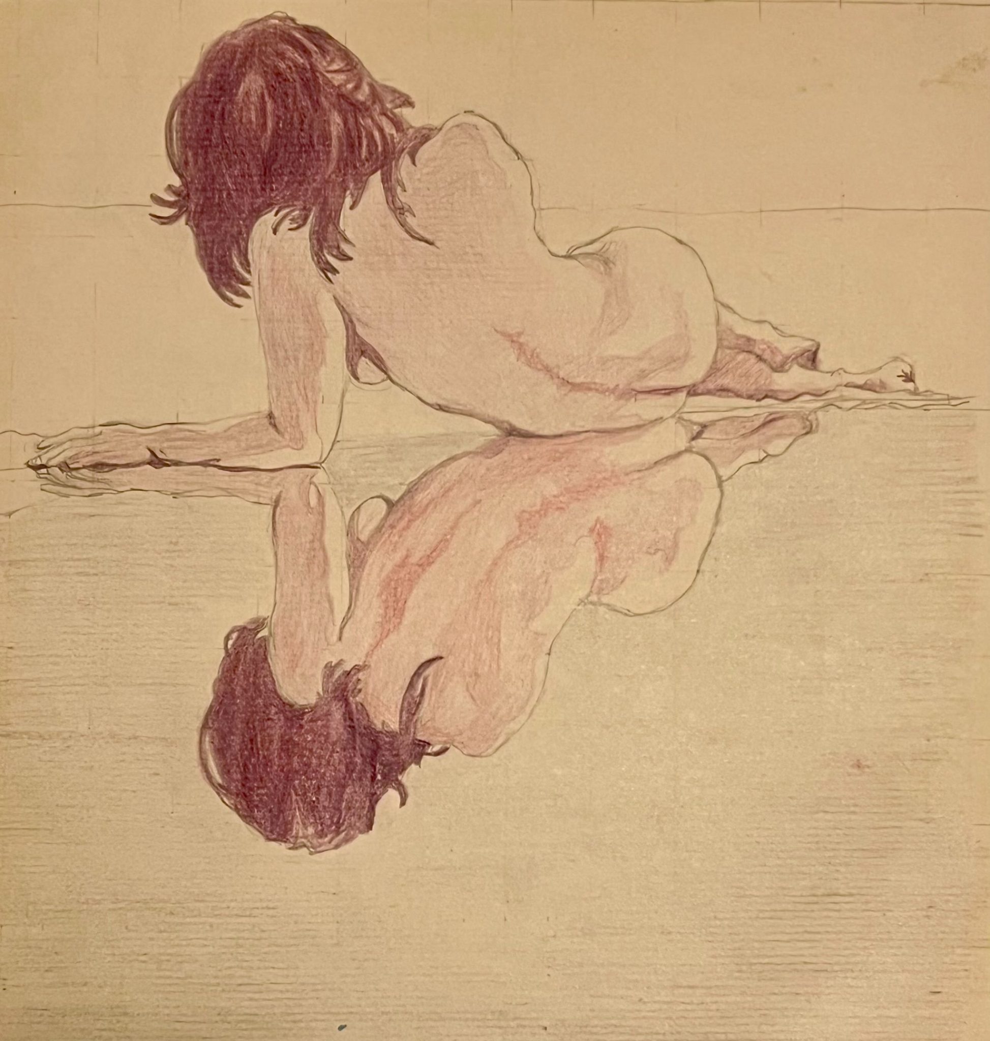 Graphite and coloured pencil drawing of womans figure and her reflection