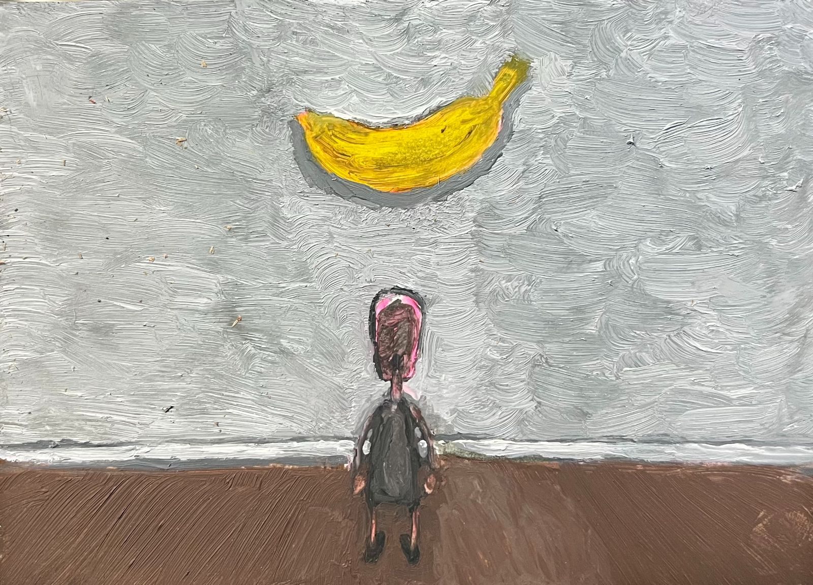 Oil painting of a strange headed person staring at a banana on a wall