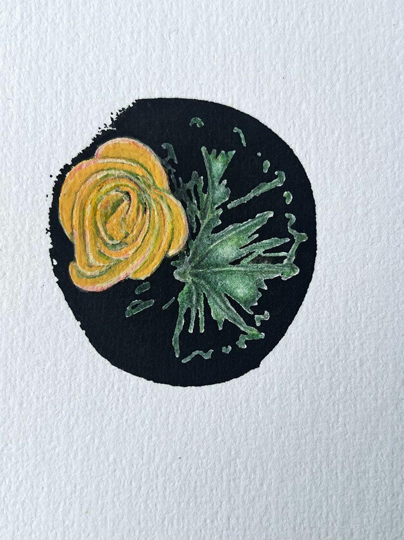 Potato stamp of a Begonia flower and hand colouring on paper.