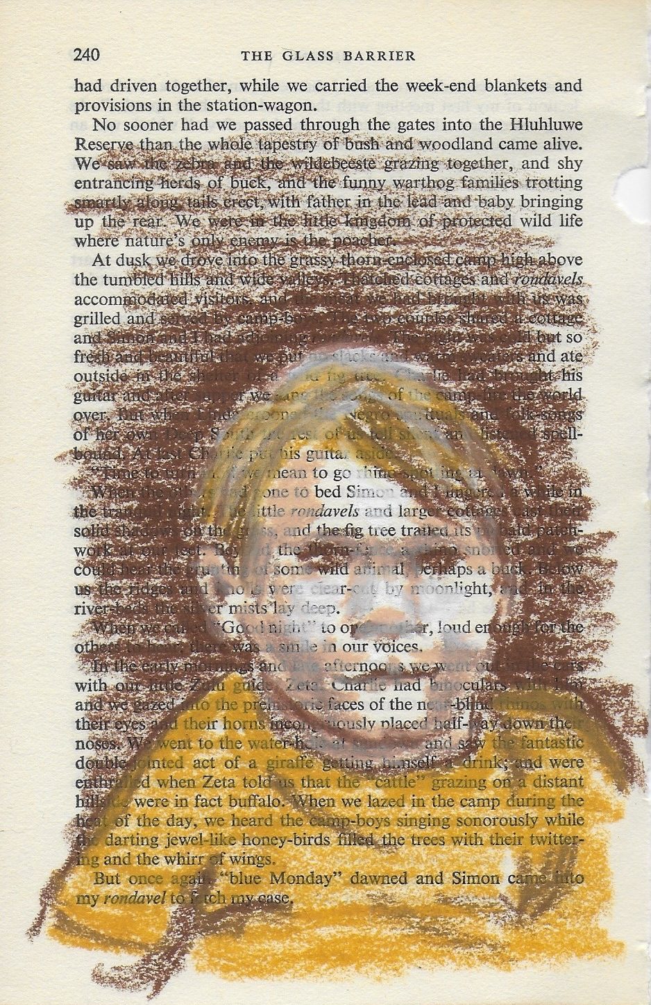 Oil pastel drawing in shades of brown of my cousin on vintage book page