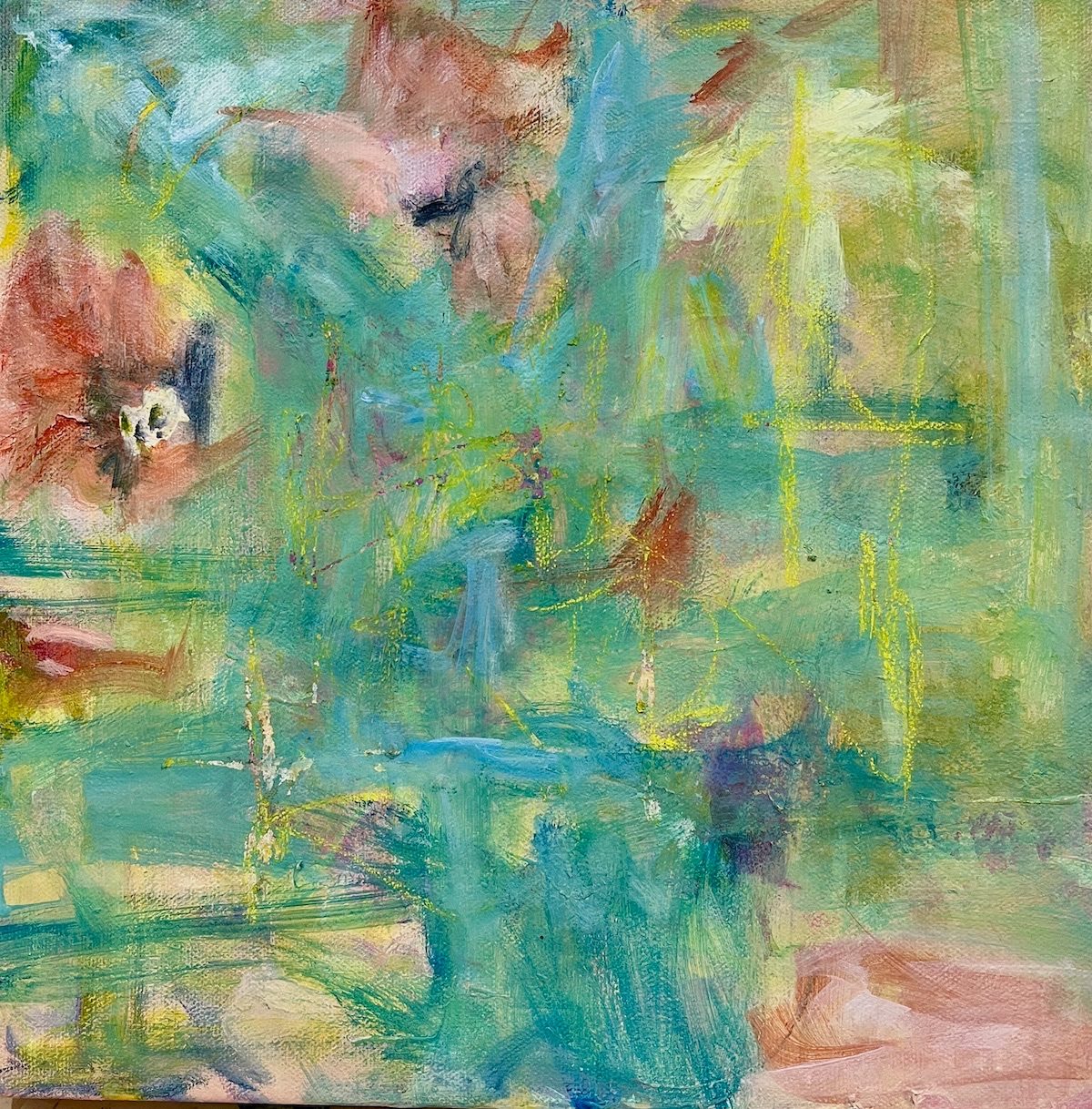 Floral painting - very loose brush marks. pinks and greens.