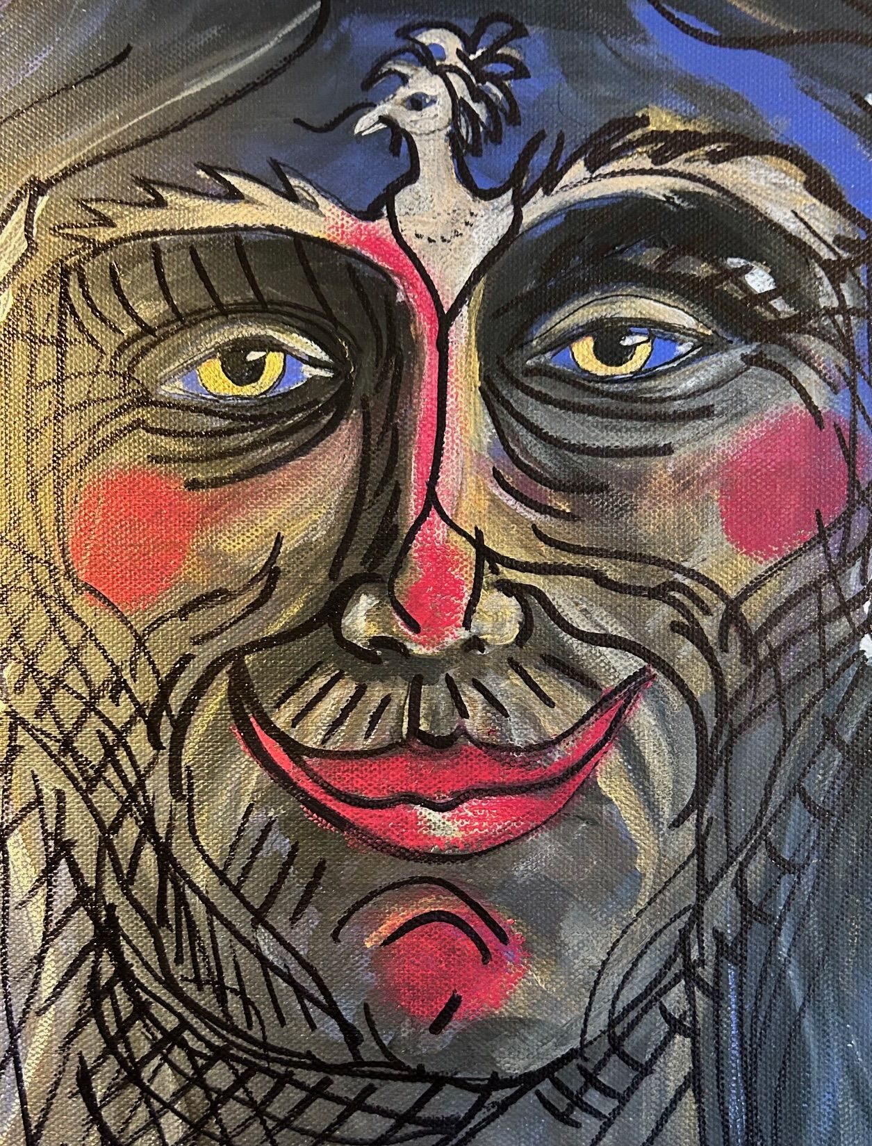 Portrait of man with clown makeup with a big smile