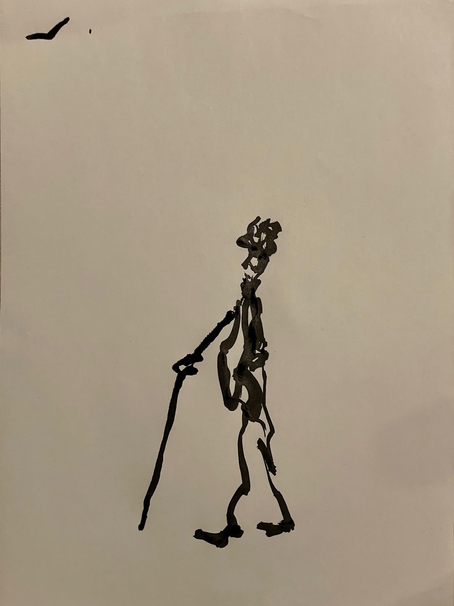 An ink drawing of an old man looking ar a bird