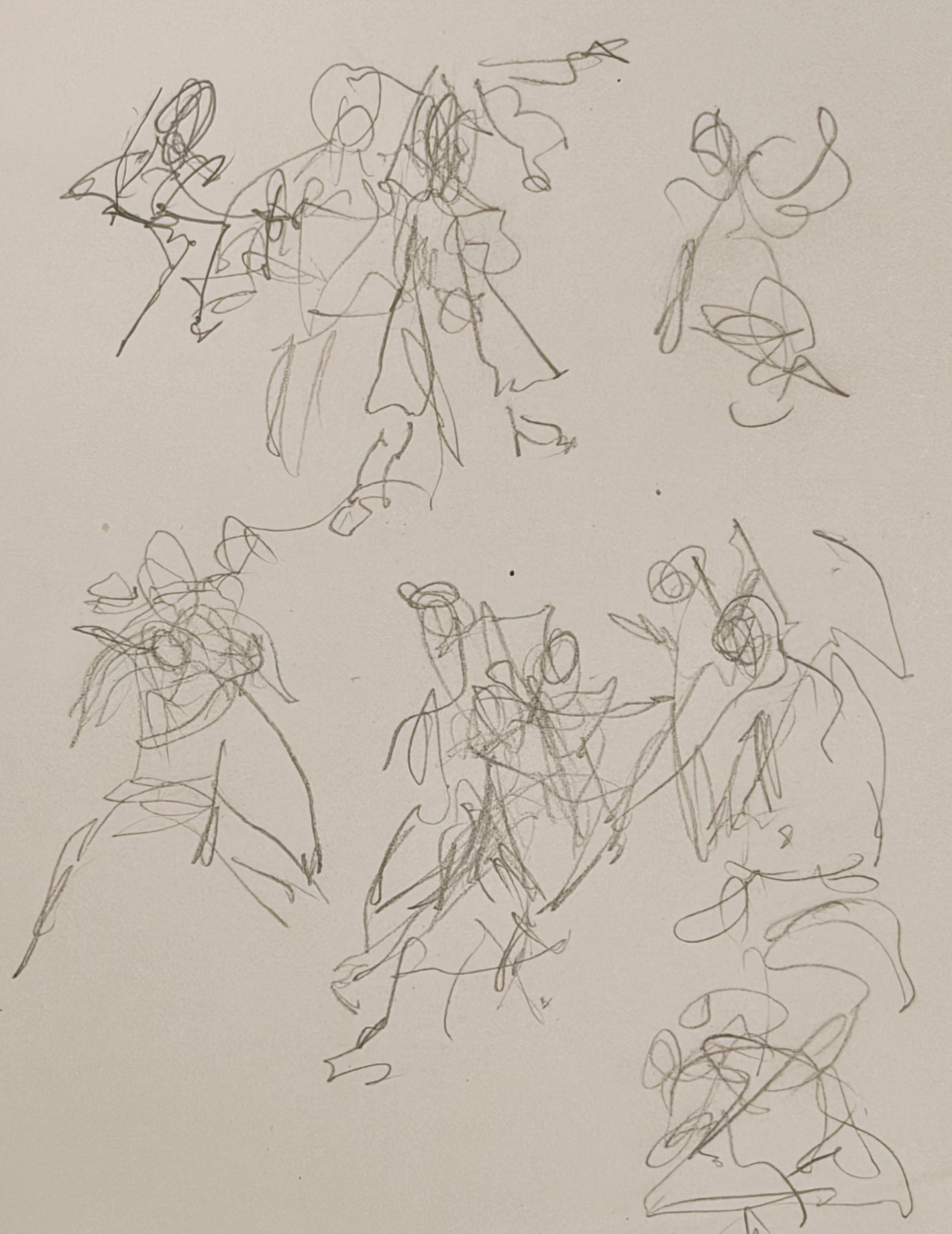 Scribbly drawing done with eyes fixed on dancers at a performance