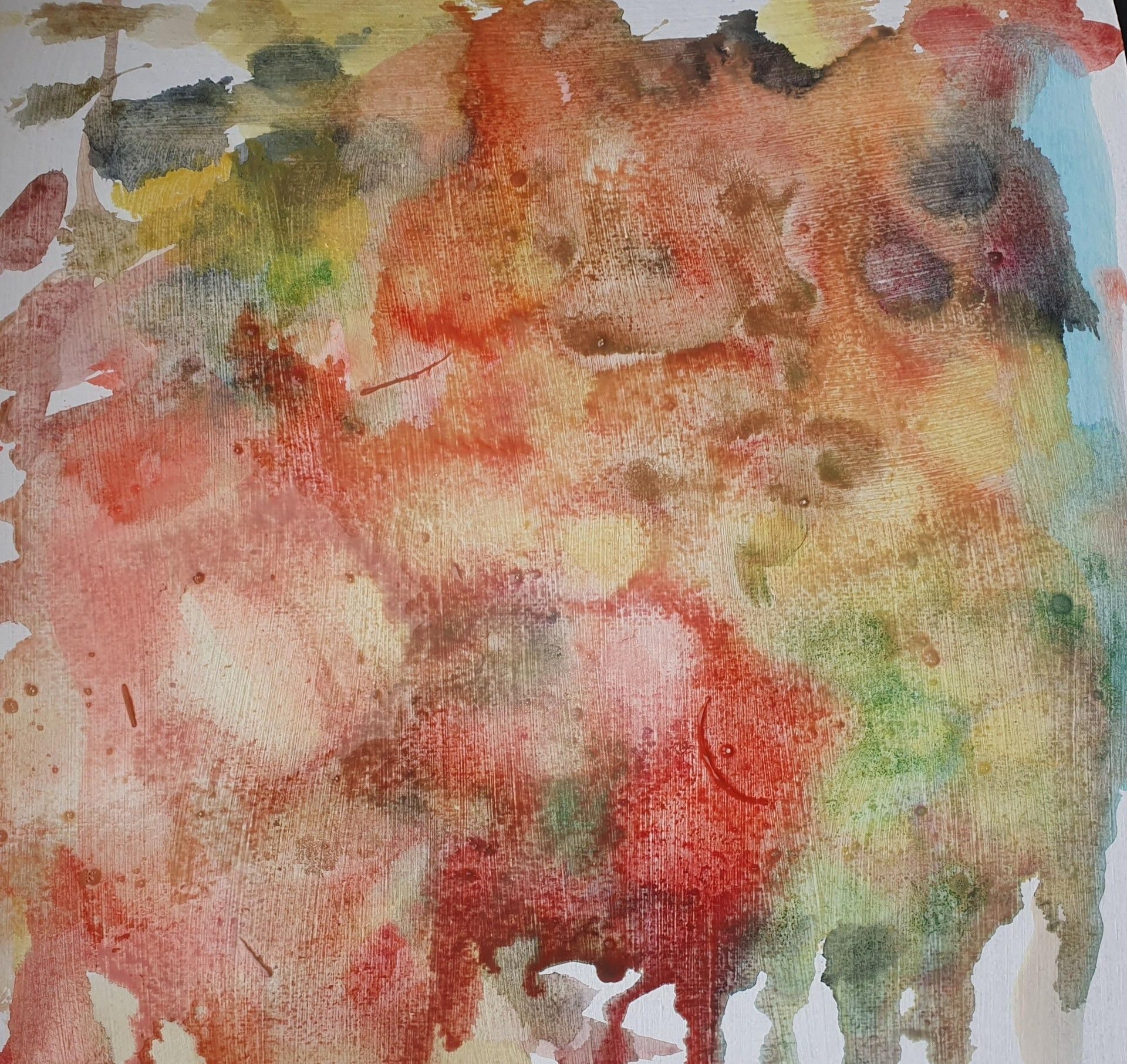 Blindfold and with children's watercolours using red, yellow, green and a tiny bit of black with lots of water  -