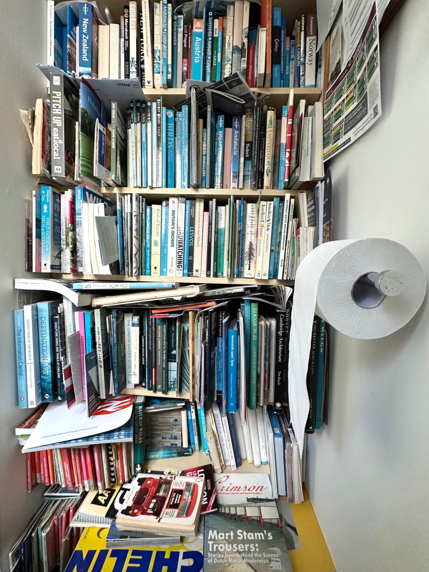 Photograph of bookshelves in toilet crammed with travel books, toilet roll on the right