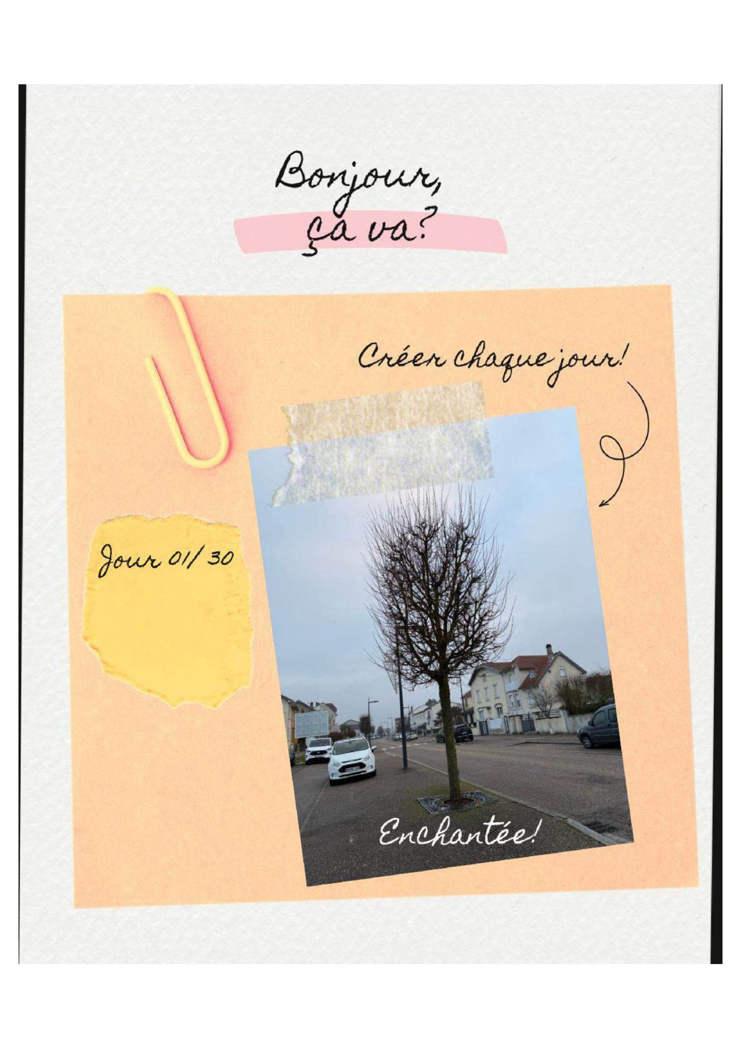 A minimalist collage with an orange frame, a quiet street photo, and handwritten French greetings, creating a calm and friendly introduction.