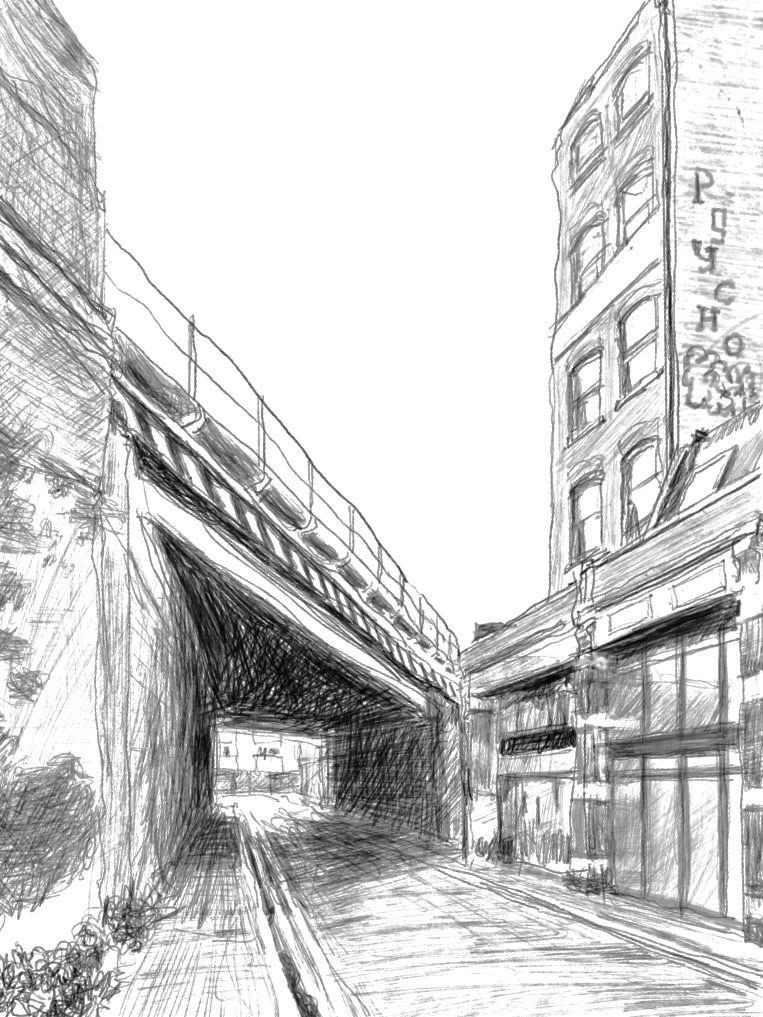 iPad drawing using stylus in pencil mode. Bridge crossing over road at skewed angle with abutments and buildings adjacent