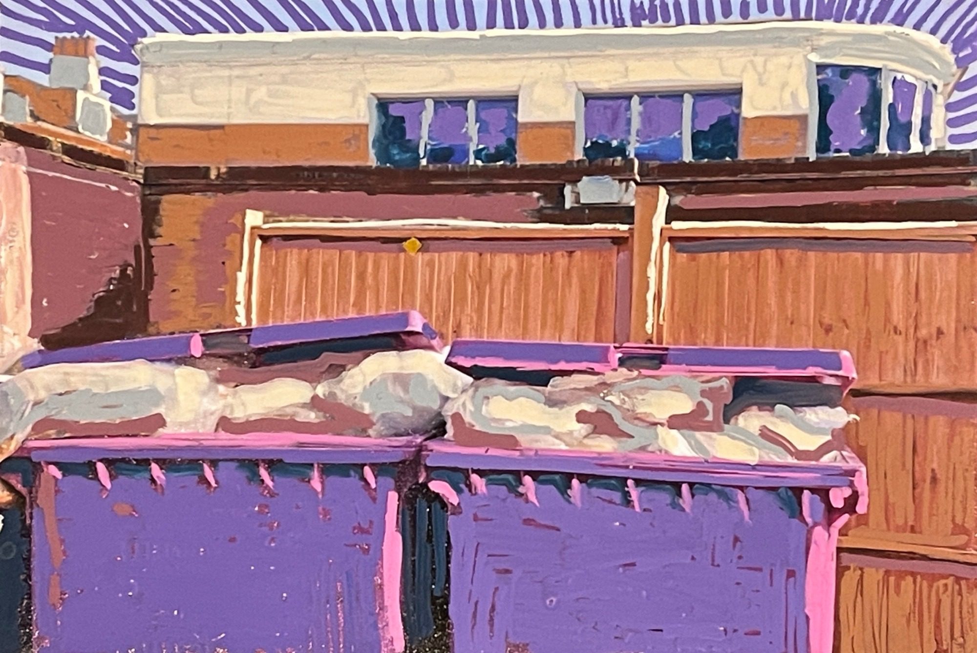 Full purple bins in an urban setting. Posca pen on photo