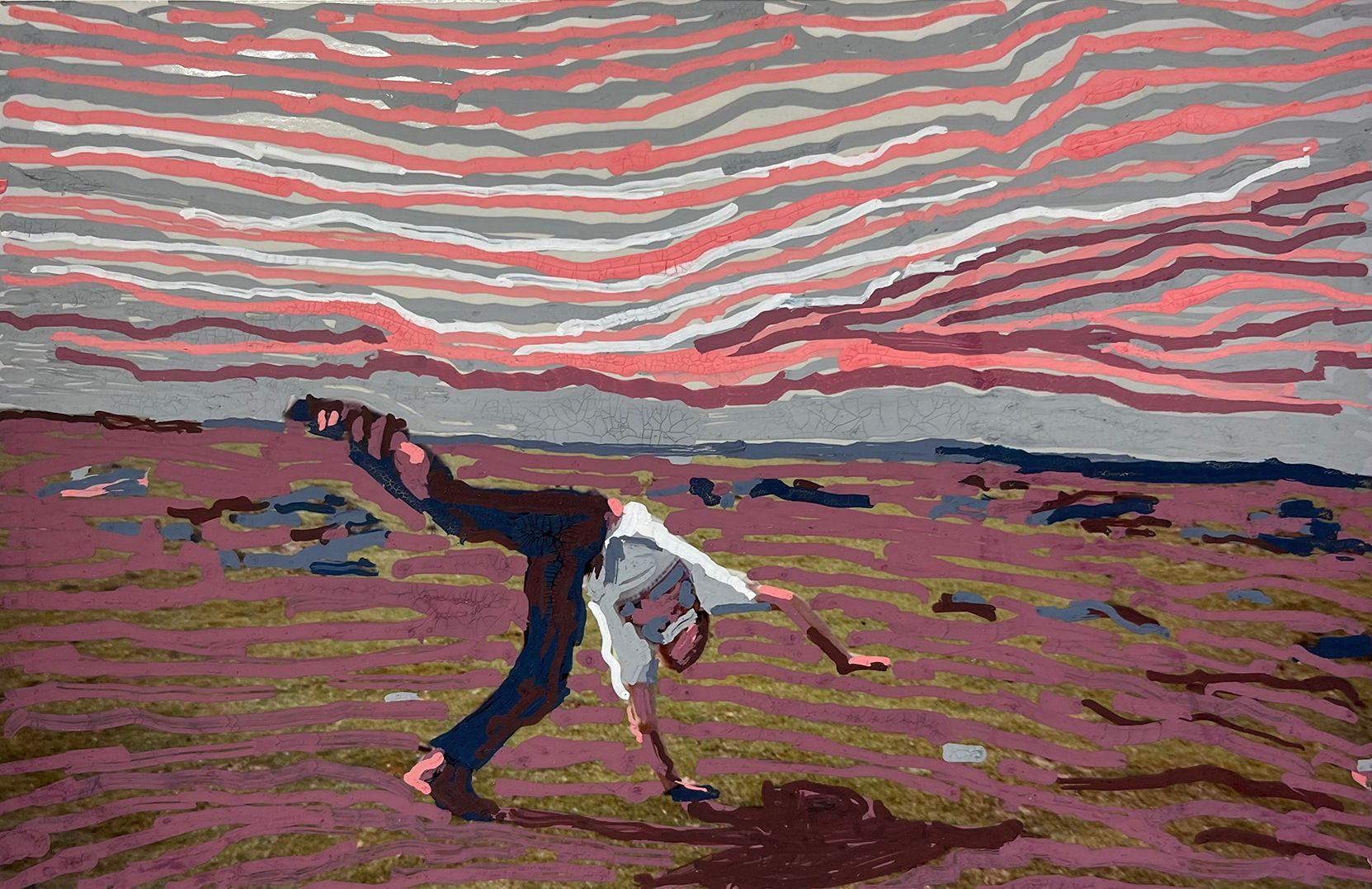 Figure cartwheeling in a landscape. Acrylic pen on old photograph.