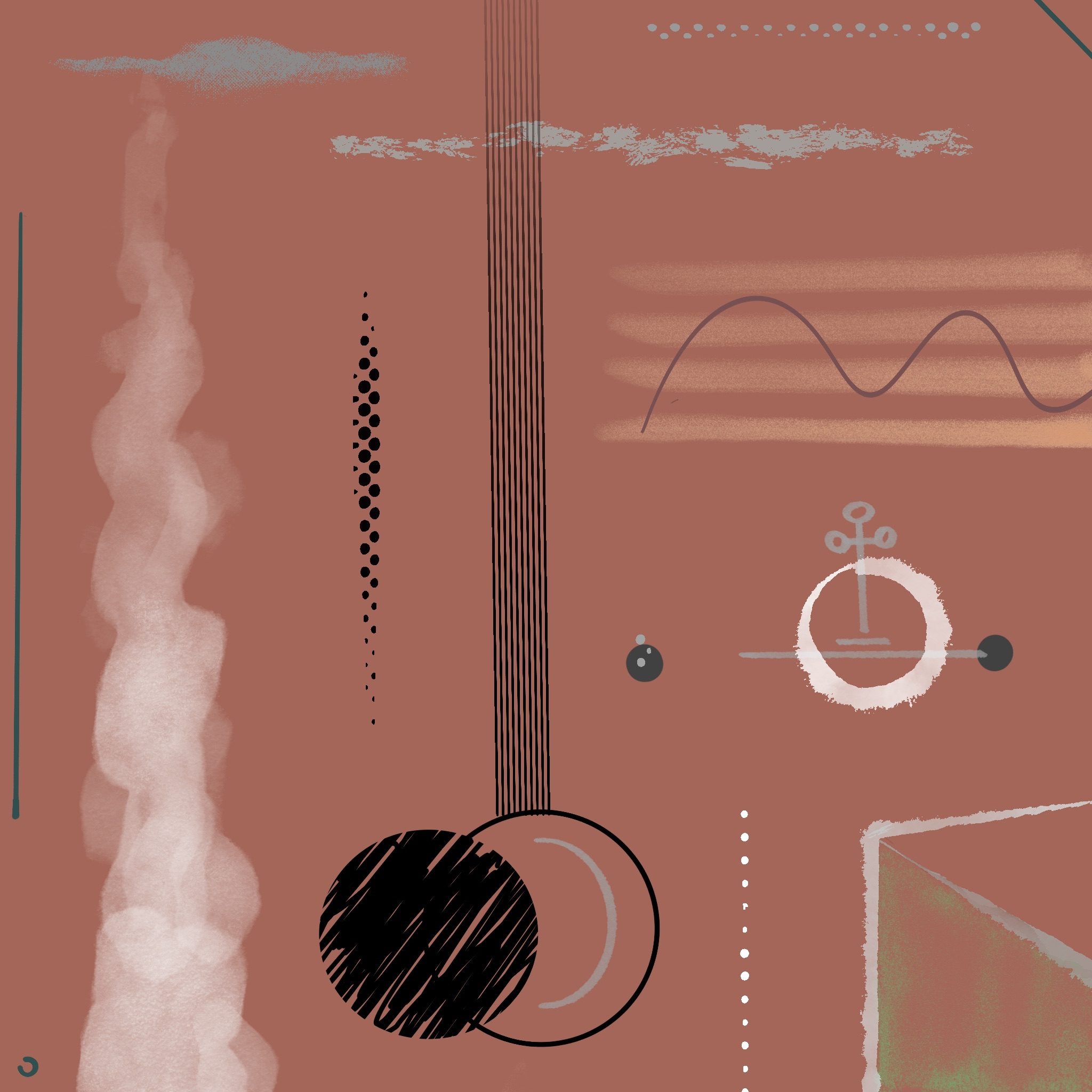 Abstract composition of shapes and lines in black white and grey on a brown background