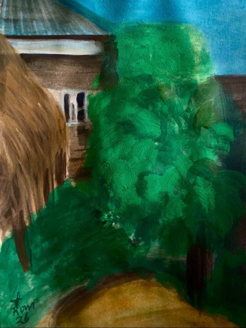 This painting was made in the late afternoon from outside my kitchen window as a carpenter and his assistant installed a wooden barricade along the veranda to prevent direct access to my studio door.  The work captures a domestic space in transition — greenery, structure, and the quiet act of securing a boundary. It reflects the intersection of daily life and artistic practice: protection, labor, and continuity.