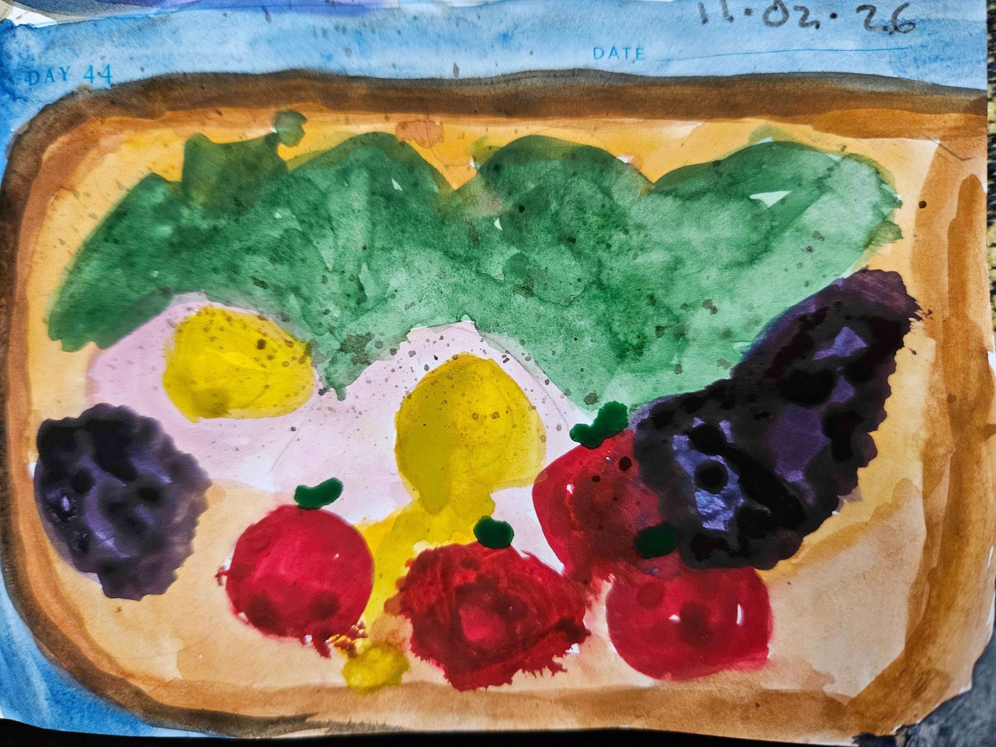 Watercolour of toast with beetroot,  two poached eggs, tomatoes and spinach all sprinkled with pepper