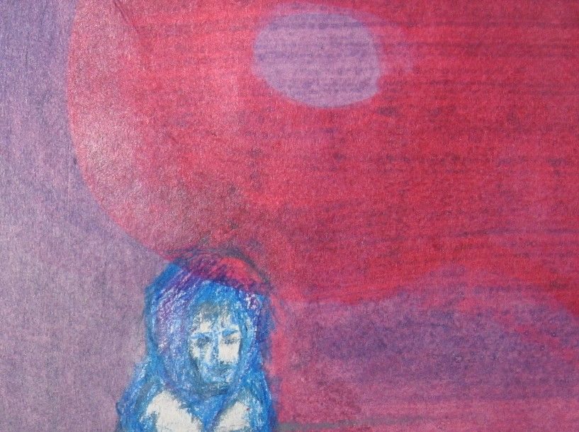 A small blue head in a red sky - small painting in watercolours and blue pencil