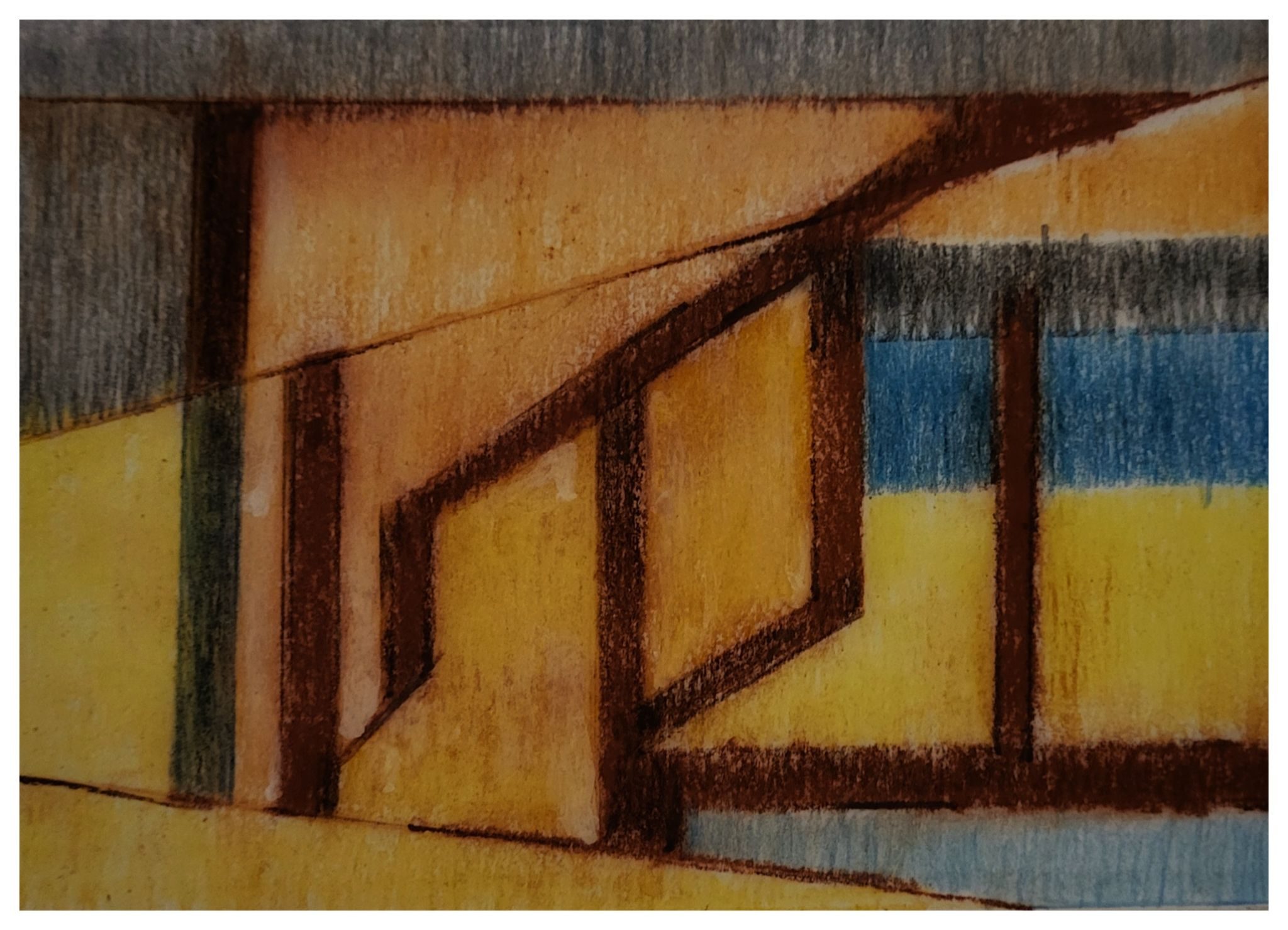 An abstract drawing in yellows and brown that evokes a building structure
