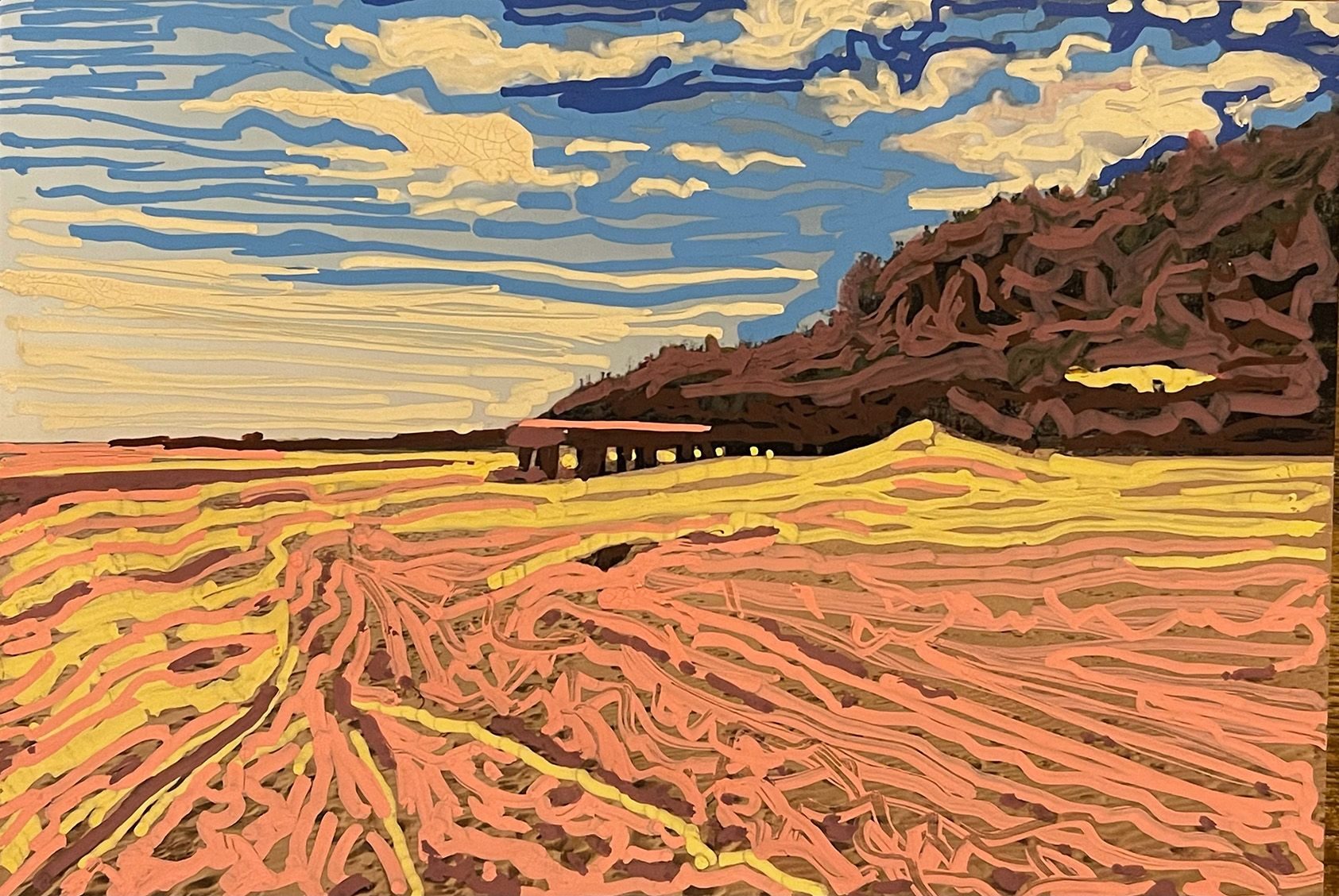 Colourful paint pen beach landscape with concrete structure in mid distance