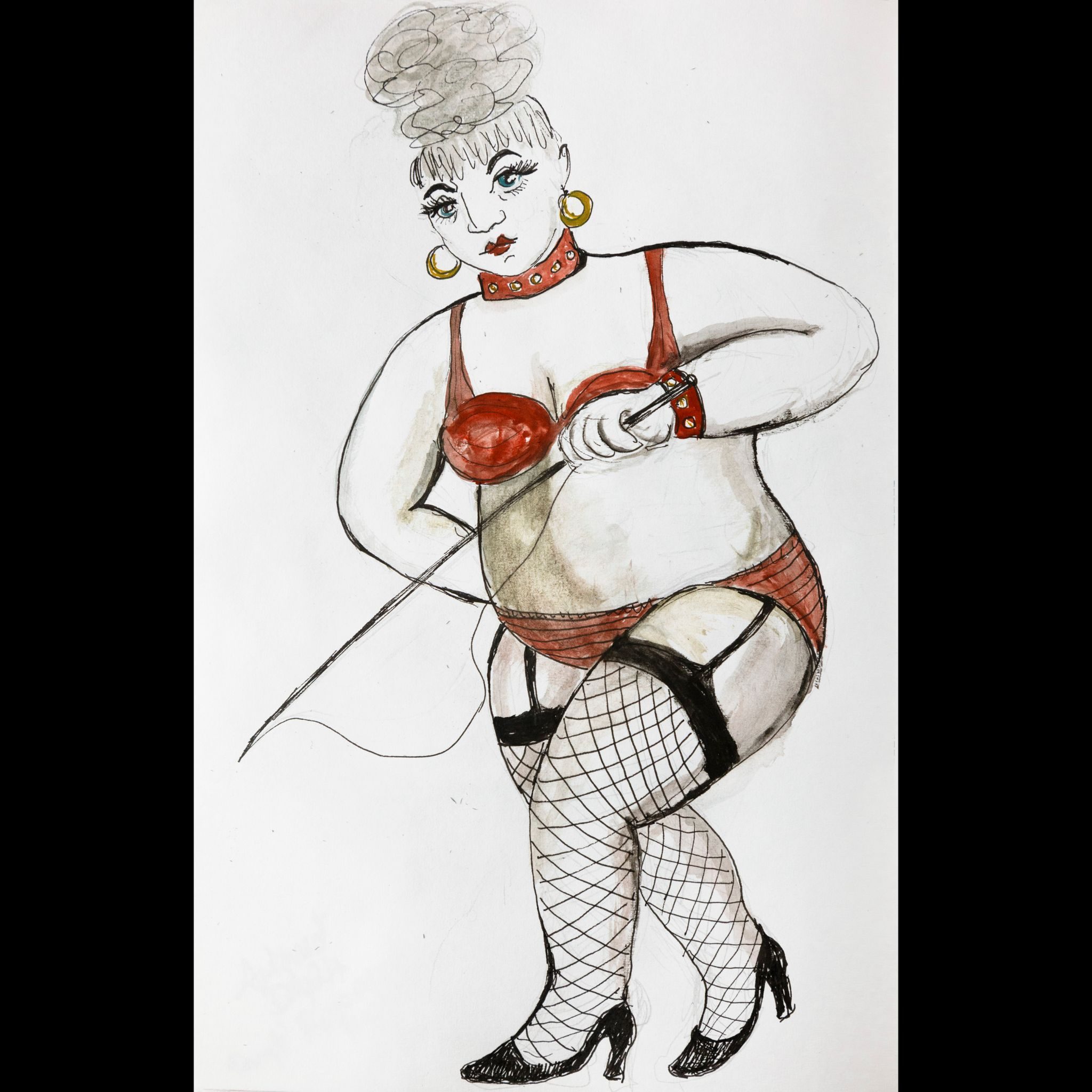 an image of a mature woman in a scanty outfit wielding a whip