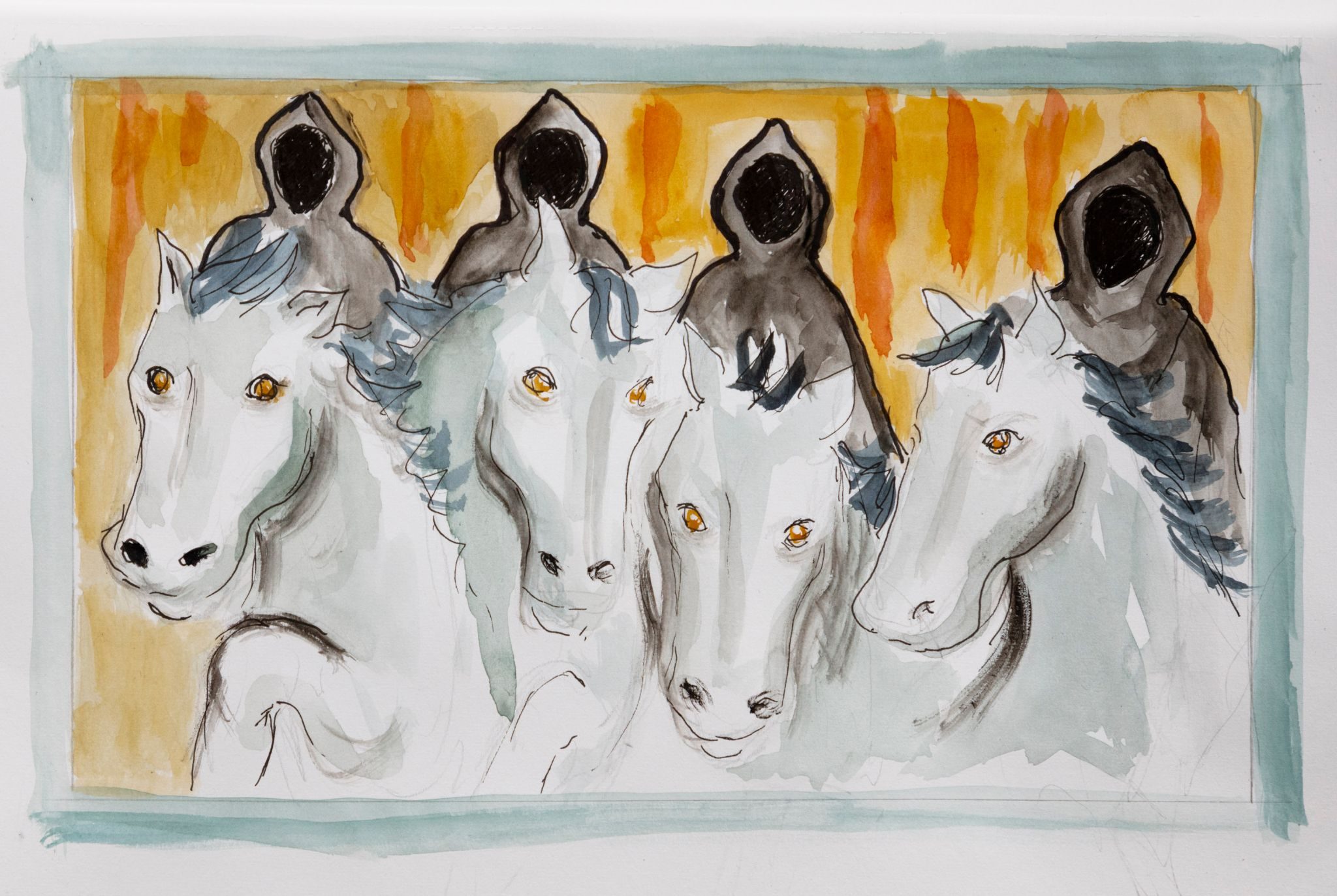 4 hooded men on horseback against an orange sky