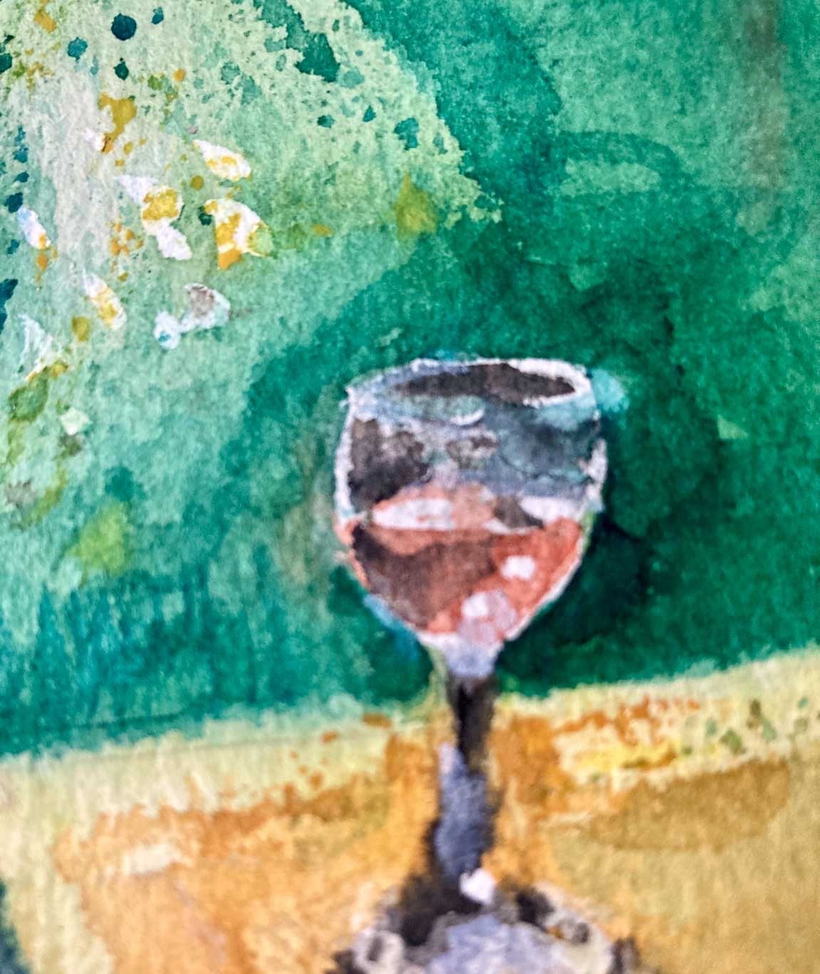 A watercolour of a glass against a green background